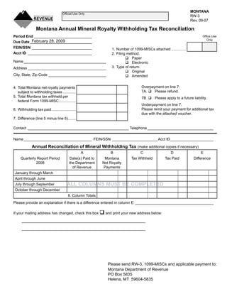 Clear Form
                                                                                                                   MONTANA
                                     Official Use Only
                                                                                                                   RW-3
                                                                                                                   Rev. 09-07

                 Montana Annual Mineral Royalty Withholding Tax Reconciliation
Period End ____________________________                                                                                  Office Use
                                                                                                                            Only
          February 28, 2009
Due Date ______________________________
FEIN/SSN _____________________________                           1. Number of 1099-MISCs attached ..............
Acct ID _______________________________                          2. Filing method:
                                                                           Paper
Name ________________________________________                              Electronic
                                                                 3. Type of return:
Address ______________________________________
                                                                           Original
City, State, Zip Code ____________________________                         Amended

                                                                                   Overpayment on line 7:
4. Total Montana net royalty payments
                                                                                   7A.  Please refund.
   subject to withholding taxes .............
5. Total Montana tax withheld per                                                  7B.  Please apply to a future liability.
   federal Form 1099-MISC.................
                                                                                   Underpayment on line 7:
                                                                                   Please remit your payment for additional tax
6. Withholding tax paid ........................
                                                                                   due with the attached voucher.
7. Difference (line 5 minus line 6) ........

Contact _________________________________________________ Telephone ________________________________


Name _________________________________ FEIN/SSN ______________________Acct ID _____________________

              Annual Reconciliation of Mineral Withholding Tax (make additional copies if necessary)
                                                   A            B                  C                  D                 E
     Quarterly Report Period              Date(s) Paid to    Montana         Tax Withheld         Tax Paid          Difference
              2008                        the Department    Net Royalty
                                            of Revenue       Payments
 January through March
 April through June
                                        ALL COLUMNS MUST BE COMPLETED
 July through September
 October through December
                                         8. Column Totals
Please provide an explanation if there is a difference entered in column E: ______________________________________

If your mailing address has changed, check this box  and print your new address below:

      ____________________________________________________________

      ____________________________________________________________




                                                               Please send RW-3, 1099-MISCs and applicable payment to:
                                                               Montana Department of Revenue
                                                               PO Box 5835
                                                               Helena, MT 59604-5835
 