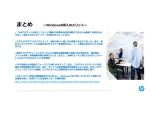 まとめ  〜Windows8導⼊のメリット〜
 「MSアカウントの導⼊」によって複数PC利⽤時の設定同期ができるため運⽤に手間がかか
らない（会社ではデスクトップ、外出時はタブレットなど）


 モダンUIやアプリストアによって、端末の新しい使い方が提案できるようなった。また、自
社コンテンツやサービスを組み合わせてアプリを開発すれば、ハード販売以外のビジネスも成
⽴する


 無料クラウドやソーシャルサービスとの緊密な連携機能で他者/自己を問わず、端末間の
ファイル共有・共同編集作業が簡単になった（ただし、企業内ユースに耐えうるセキュリティ
レベルかどうかはHPとしては未確認）


 OFF状態からの起動パフォーマンスは約30%アップ。また、コネクテッドスタンバイ対応
機なら即時起動が得られる。また、ネットへの常時接続性が担保されていれば、モダン UIア
プリ上（ライブタイル機能）でリアルタイムに情報更新するので利便性が格段に増す


 セキュリティ対策と管理機能がさらに向上し、Windows7まで使っていたアプリ資産との
互換性も高い（汎⽤アプリは互換センターで確認可能）
http://www.microsoft.com/ja-jp/windows/compatibility/win8/compatcenter/home



 13 © Copyright 2012 Hewlett-Packard Development Company, L.P. The information contained herein is subject to change without notice.
 