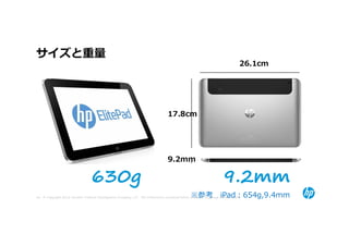 サイズと重量
                                                                                                                                 26.1cm




                                                                                    17.8cm




                                                                                    9.2mm

                                   630g                                                                                9.2mm
                                                                                                  ※参考 iPad：654g,9.4mm
40 © Copyright 2012 Hewlett-Packard Development Company, L.P. The information contained herein is subject to change without notice.
 