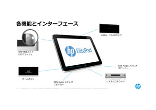 各機能とインターフェース
                                                                                                                         1080p フルHDカメラ




   8MP 背面カメラ
   LEDフラッシュ




                                                                                                                                      SRS Audio ステレオ
                                                                                                                                      スピーカー




        ホームボタン
                                                     SRS Audio ステレオ                                                             システムコネクター
                                                     スピーカー
42 © Copyright 2012 Hewlett-Packard Development Company, L.P. The information contained herein is subject to change without notice.
 
