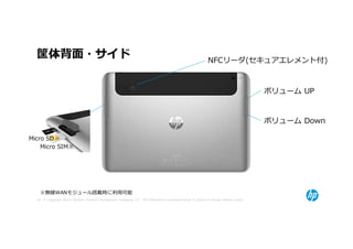 筐体背面・サイド                                                                                                    NFCリーダ(セキュアエレメント付)



                                                                                                                                        ボリューム UP


                                                                                                                                        ボリューム Down

Micro SD
    Micro SIM※




    ※無線WANモジュール搭載時に利用可能
  44 © Copyright 2012 Hewlett-Packard Development Company, L.P. The information contained herein is subject to change without notice.
 