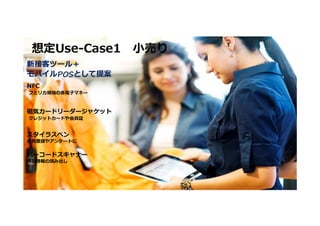 想定Use-Case1 ⼩売り
新接客ツール＋
モバイルPOSとして提案
NFC
フェリカ規格の各電子マネー



磁気カードリーダージャケット
クレジットカードや会員証


スタイラスペン
会員登録やアンケートに


バーコードスキャナー
商品情報の読み出し



 54 © Copyright 2012 Hewlett-Packard Development Company, L.P. The information contained herein is subject to change without notice.
 