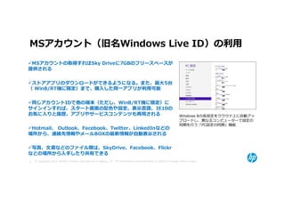 MSアカウント（旧名Windows Live ID）の利⽤
 MSアカウントの取得すればSky Driveに7GBのフリースペースが
提供される

 ストアアプリのダウンロードができるようになる。また、最大5台
（ Win8/RT機に限定）まで、購⼊した同⼀アプリが利⽤可能

 同じアカウントIDで他の端末（ただし、Win8/RT機に限定）に
サインインすれば、スタート画面の配色や設定、表示言語、IE10の
お気に⼊りと履歴、アプリやサービスコンテンツも再現される                                                                                          Windows 8の各設定をクラウド上に自動アッ
                                                                                                                      プロードし、異なるコンピューターで設定の
                                                                                                                      同期を⾏う「PC設定の同期」機能
 Hotmail、 Outlook、Facebook、Twitter、LinkedInなどの
場所から、連絡先情報やメールBOXの最新情報が自動表示される

 写真、文書などのファイル類は、SkyDrive、Facebook、Flickr
などの場所から⼊手したり共有できる
6   © Copyright 2012 Hewlett-Packard Development Company, L.P. The information contained herein is subject to change without notice.
 