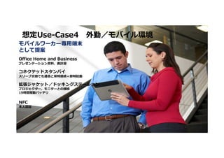 想定Use-Case4 外勤／モバイル環境
モバイルワーカー専⽤端末
として提案
Office Home and Business
プレゼンテーション資料、表計算

コネクテッドスタンバイ
スリープ状態でも通信と常時接続＋即時起動

拡張ジャケット／ドッキングステーション
プロジェクター、モニターとの接続
19時間駆動バッテリ


NFC
本⼈認証




 60 © Copyright 2012 Hewlett-Packard Development Company, L.P. The information contained herein is subject to change without notice.
 