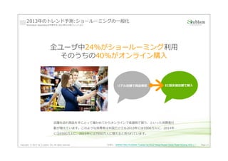 2013年のトレンド予測:ショールーミングの一般化
      Manhattan Associatesが予想する 2013年の⼩売トレンドより




                                全ユーザ中24%がショールーミング利用
                                 そのうちの40%がオンライン購入



                                                                   リアル店舗で商品確認                                 EC最安値店舗で購入




                                   店舗を訪れ商品を手にとって確かめてからオンラインで低価格で買う、といった消費者⾏
                                   動が増えています。このような消費者は米国だけでも 2013年には5900万人に、2014年
                                   には6900万人に、2015年には7800万人に増えると⾒られています。


Copyright © 2013 by S-cubism Inc. All rights reserved.   （引用元：MARKETING PILGRAM『Laissez les Bons Temps Rouler! Online Retail Growing 10%! 』）   Page 17
 