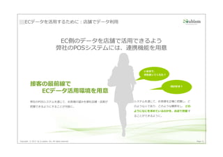 ECデータを活用するために：店舗でデータ利用



                                        EC側のデータを店舗で活用できるよう
                                       弊社のPOSシステムには、連携機能を用意


                                                            いままで、
                                                            何を買ってくれた？



           接客の最前線で                                                      何が好き？

             ECデータ活用環境を用意
           弊社のPOSシステムを通じて、お客様の望みを御社店舗・店員が                システムを通じて、お客様を正確に把握し、ど
           把握できるようにすることが可能に。                             のような人であり、どのような購買をし、どの
                                                         ようになにを求めているのかを、お店で把握す
                                                         ることができるように。




Copyright © 2013 by S-cubism Inc. All rights reserved.                                 31
                                                                                 Page 31
 