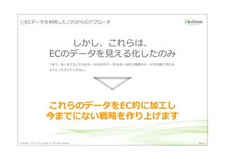 ECデータを利用したこれからのアプローチ




                                  しかし、これらは、
                               ECのデータを⾒える化したのみ
                               つまり、あくまでもこれらのデータはECのデータ(あるいはECの発想のデータ)を店頭で⾒れる
                               ようにしただけでしかない。




                            これらのデータをEC的に加工し
                            今までにない戦略を作り上げます

Copyright © 2013 by S-cubism Inc. All rights reserved.                         Page 33
 