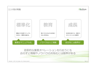 ⼩売の常識




                   標準化                                     教育             成⻑
                   業務はできる限りマニュアル                         教えてもらえなければ共有で   自主性を求めても、本部から
                   化を⾏い、標準化を進める。                         きない何がある。        のコントロールには限界が




               業務はマニュアル化                                 ノウハウは人に帰属       自主性には限界が



                              効率的な業務オペレーションを⾏おうにも
                             おのずと情報やノウハウの共有化には限界がある

Copyright © 2013 by S-cubism Inc. All rights reserved.                                   Page 35
 