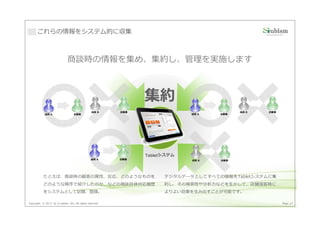 これらの情報をシステム的に収集



                             商談時の情報を集め、集約し、管理を実施します



                                                               集約
                                                店員 B     お客様                             店員 B   お客様
            店員 A                  お客様                                       店員 A   お客様




                                                               Tabletシステム
                                               店員 A      お客様                店員 B   お客様




           たとえば、商談時の顧客の属性、反応、どのようなものを                                デジタルデータとしてすべての情報をTabletシステムに集
           どのような順序で紹介したのか、などの商談自体対応履歴                                約し、その検索性や分析⼒などを生かして、店舗接客時に
           をシステムとして記録、登録。                                            よりよい効果を生み出すことが可能です。

Copyright © 2013 by S-cubism Inc. All rights reserved.                                                Page 37
 