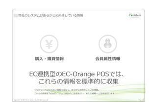 弊社のシステムがあらかじめ所持している情報




                                                
                                購入・購買情報                       会員属性情報


                       EC連携型のEC-Orange POSでは、
                         これらの情報を標準的に収集
                               つなげなければならない情報ではなく、あらかじめ所持している情報。
                               これらの情報をTabletシステムで統計的に処理を⾏い、新たな戦略へと活用を⾏います。

Copyright © 2013 by S-cubism Inc. All rights reserved.                       Page 38
 