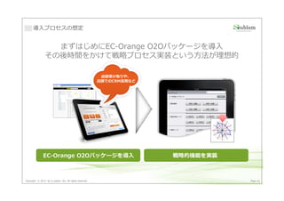 導入プロセスの想定


                  まずはじめにEC-Orange O2Oパッケージを導入
                その後時間をかけて戦略プロセス実装という方法が理想的

                                                          店頭受け取りや、
                                                         店頭でのCRM活用など




                                                                                                 1
                                                                                            18

                                                                                       12   16       2
                                                                                            14
                                                                                            12
                                                                                            10
                                                                                  11                     3
                                                                                             8
                                                                                             6
                                                                                             4
                                                                                             2

                                                                             10              0               4




                                                                                   9                     5




                                                                                        8            6


                                                                                                 7




               EC-Orange O2Oパッケージを導入                                   戦略的機能を実装



Copyright © 2013 by S-cubism Inc. All rights reserved.                                                           Page 42
 