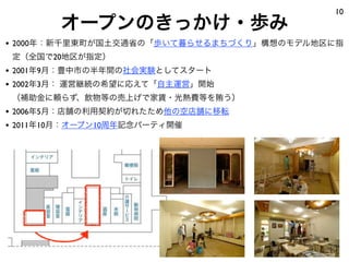 • 2000年：新千里東町が国土交通省の「歩いて暮らせるまちづくり」構想のモデル地区に指
定（全国で20地区が指定）
• 2001年9月：豊中市の半年間の社会実験としてスタート
• 2002年3月： 運営継続の希望に応えて「自主運営」開始
（補助金に頼らず、飲物等の売上げで家賃・光熱費等を賄う）
• 2006年5月：店舗の利用契約が切れたため他の空店舗に移転
• 2011年10月：オープン10周年記念パーティ開催
10
オープンのきっかけ・歩み
 