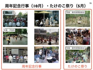 周年記念行事
16
周年記念行事（10月）・たけのこ祭り（5月）
たけのこ祭り
写真：尹俊到
写真：東町新聞委員会
写真：東町新聞委員会
 