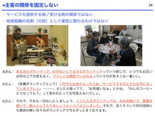 ■主客の関係を固定しない
Aさん： 来る方もボランティア、お手伝いしてる方もボランティアっていう感じで、いつでもお互い
は何の上下の差もなく、フラットな関係でいられるっていうのがあそこは一番いい。
Aさん： 〔有償ボランティアとして〕１円でもお金もらったらね、サービスする方とされる方になっ
てしまうでしょ。･･････。そしたら座ってて、「お茶遅いなぁ」とかね、「わしのコーヒー
どうなってん？」って言われたって文句言えないでしょ。
Aさん： それで、それも一切なしにしましょう、ここに入るボランティアは、みな裃脱いで、肩書き
脱いで、個人として入りましょうということにしました。それで、全くそういう何の団体に
も関係の無い方々のボランティアで今もずっときております。
24
・サービスを提供する側／受ける側の関係ではない
・地域組織の役割（分担）として運営に関わるわけではない
 
