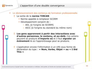 L’apparition d’une double convergence


                       Le décloisonnement des contenus de formation professionnelle
                           La sortie de la norme TINCAN
                               Norme appelée à remplacer SCORM
                               Développement conjoint de :
                                 • ADL (à l’origine de SCORM)
                                 • AICC (à l’origine du standard du même nom)

                                Les gens apprennent à partir des interactions avec
                                d'autres personnes, le contenu, et au-delà. Ces actions
                                peuvent se produire n'importe où et il faut signaler un
                                événement là où l'apprentissage peut se produire.

                                L’application envoie l’information à un LRS sous forme de
                                déclaration du type : « Nom, Verbe, Objet » ou « I Did
                                This »




                                                                                                                                                           42
Ce document est soumis au Copyright Symetrix. Toute reproduction ou modification, même partielle, est interdite sans l’autorisation express de l’auteur.
 