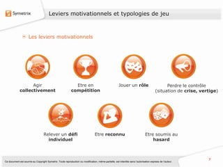 Leviers motivationnels et typologies de jeu



                     Les leviers motivationnels




                   Agir                                       Etre en                                  Jouer un rôle                          Perdre le contrôle
             collectivement                                 compétition                                                                 (situation de crise, vertige)




                                   Relever un défi                               Etre reconnu                                  Etre soumis au
                                     individuel                                                                                    hasard



                                                                                                                                                                7
Ce document est soumis au Copyright Symetrix. Toute reproduction ou modification, même partielle, est interdite sans l’autorisation express de l’auteur.
 