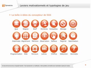 Leviers motivationnels et typologies de jeu



                     La boîte à idées du concepteur de SGS




                            Quiz              Négoce                 Bluff            Enchères           Conquêtes               Blocage                   Hasard




                      Diplomatie Alignement                       Mémoire           Observation              Réflexe             Majorité          Optimisation




                  Programmation                  Rôle            Parcours              Lettres               Chiffres            Déduction                 Devinette




                                                                                                                                                                       8
Ce document est soumis au Copyright Symetrix. Toute reproduction ou modification, même partielle, est interdite sans l’autorisation express de l’auteur.
 