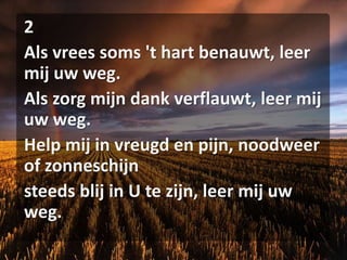 2Als vrees soms 't hart benauwt, leer mij uw weg.Als zorg mijn dank verflauwt, leer mij uw weg.Help mij in vreugd en pijn, noodweer of zonneschijnsteeds blij in U te zijn, leer mij uw weg.