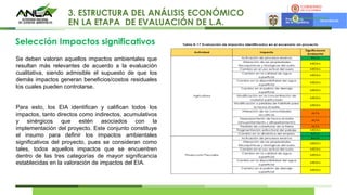 3. ESTRUCTURA DEL ANÁLISIS ECONÓMICO
EN LA ETAPA DE EVALUACIÓN DE L.A.
Selección Impactos significativos
Se deben valoran aquellos impactos ambientales que
resultan más relevantes de acuerdo a la evaluación
cualitativa, siendo admisible el supuesto de que los
demás impactos generan beneficios/costos residuales
los cuales pueden controlarse.
Para esto, los EIA identifican y califican todos los
impactos, tanto directos como indirectos, acumulativos
y sinérgicos que estén asociados con la
implementación del proyecto. Este conjunto constituye
el insumo para definir los impactos ambientales
significativos del proyecto, pues se consideran como
tales, todos aquellos impactos que se encuentren
dentro de las tres categorías de mayor significancia
establecidas en la valoración de impactos del EIA.
 