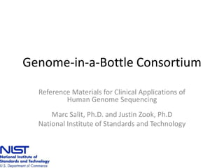 Genome-in-a-Bottle Consortium

  Reference Materials for Clinical Applications of
          Human Genome Sequencing
      Marc Salit, Ph.D. and Justin Zook, Ph.D
  National Institute of Standards and Technology
 