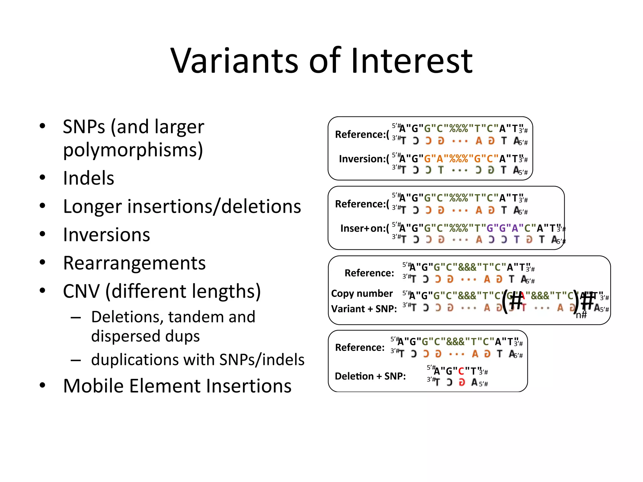 Variants of Interest
• SNPs (and larger                               5’#
                                                   A"G"G"C"%%%"T"C"A"T"
                                     Reference:( 3’#                  3’#
                                                                             5’#
  polymorphisms)                     Inversion:( 5’#A"G"G"A"%%%"G"C"A"T"
                                                                       3’#
                                               3’#

• Indels                                                                     5’#


                                                 5’#
                                                   A"G"G"C"%%%"T"C"A"T"
• Longer insertions/deletions        Reference:( 3’#                  3’#
                                                                             5’#
                                               5’#
• Inversions                          Inser+on:( A"G"G"C"%%%"T"G"G"A"C"A"T"
                                               3’#
                                                                          3’#
                                                                                        5’#


• Rearrangements                                     5’#
                                                       A"G"G"C"&&&"T"C"A"T"
                                                     3’#
                                                                          3’#
                                                                                  5’#

• CNV (different lengths)
   – Deletions, tandem and
                                                     5’#
                                                     3’#                   (#
                                                       A"G"G"C"&&&"T"C"G"A"&&&"T"C"A"T"
                                                                                      3’#
                                                                                              )#
                                                                                              n#
                                                                                                   5’#



     dispersed dups                            5’#
                                                 A"G"G"C"&&&"T"C"A"T"
                                                                    3’#
                                               3’#
   – duplications with SNPs/indels                         5’#
                                                                            5’#

                                                             A"G"C"T"
                                                                    3’#

• Mobile Element Insertions
                                                           3’#
                                                                     5’#
 