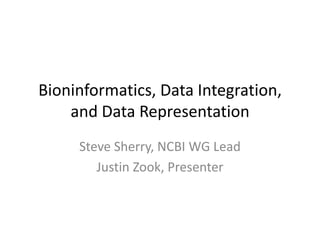 Bioninformatics, Data Integration,
    and Data Representation
     Steve Sherry, NCBI WG Lead
        Justin Zook, Presenter
 