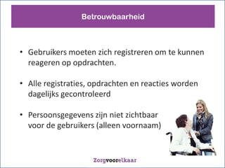 Betrouwbaarheid



? Gebruikers moeten zich registreren om te kunnen
  reageren op opdrachten.

? Alle registraties, opdrachten en reacties worden
  dagelijks gecontroleerd

? Persoonsgegevens zijn niet zichtbaar
  voor de gebruikers (alleen voornaam)
 