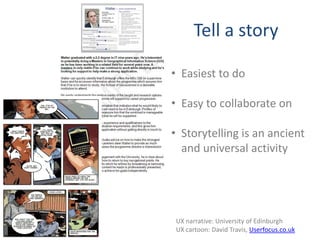 Tell a story

• Easiest to do

• Easy to collaborate on

• Storytelling is an ancient
  and universal activity




 UX narrative: University of Edinburgh
 UX cartoon: David Travis, Userfocus.co.uk
 