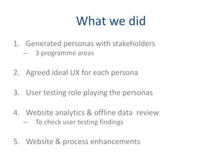 What we did
1. Generated personas with stakeholders
  –   3 programme areas

2. Agreed ideal UX for each persona

3. User testing role playing the personas

4. Website analytics & offline data review
  –   To check user testing findings

5. Website & process enhancements
 
