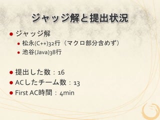 ジャッジ解と提出状況
l  ジャッジ解	
  
   l  松永(C++)32行（マクロ部分含めず）	
  
   l  池谷(Java)38行	
  




l  提出した数：16	
  
l  ACしたチーム数：13	
  
l  First	
  AC時間：4min	
  
 