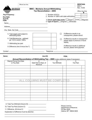 MONTANA
                        Official Use Only
                                                                                                                   MW-3
                                                                                                                   Rev. 10-05
                                            MW3 – Montana Annual Withholding
                                               Tax Reconciliation – 2005                                           Office Use Only

Pay Frequency:                                                    1. Number of W-2’s
                                                                  2. Number of 1099’s with state withholding
Due Date:
Acct ID:
                                                  3. Check applicable media:                         Paper   FTP           Magnetic
FEIN:
                                                  4. Type of report:   Original                       Amended
 Name_______________________________________________

 Address_____________________________________________

 City, State, Zip Code___________________________________

                                                                                             If difference results in an
      5. Total wages paid subject to
                                                                                             overpayment, please refund.
         withholding taxes

      6. Total Montana tax withheld                                                          If difference results in overpayment
         per W-2’s and/or 1099’s                                                             please apply to previous or future
                                                                                             liability.
      7. Withholding tax paid
                                                                                             If difference results in additional
      8. Difference (line 6 minus line 7)
                                                                                             tax due, please remit payment.

Contact                                                               Telephone


Name:                                                        Acct ID:                        FEIN:
              Annual Reconciliation of Withholding Tax – 2005 (make additional copies if necessary)
     Deposit Period End Date                           A                           B                          C
         or Pay Date                          Date Paid to Dept. of           Tax Withheld                 Tax Paid
                                                   Revenue




                        ALL COLUMNS MUST BE COMPLETED




   9. Total Tax Withheld (Column B)
                                                                                         Please remit to:
  10. Total Tax Paid (Column C)
                                                                                         Department of Revenue
  11. Difference (B minus C)                                                             PO Box 5835
                                                                                         Helena, MT 59604-5835
  Explanation of difference must be attached.
 
