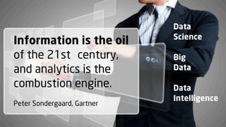 Data
                             Science
Information is the oil
of the 21st century,         Big
and analytics is the         Data

combustion engine.           Data
                             Intelligence
Peter Sondergaard, Gartner
 