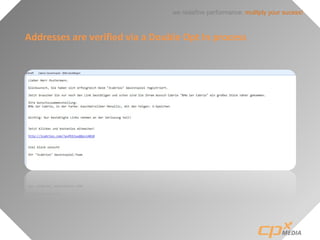 we redefine performance: mulitply your sucess!
Addresses are verified via a Double Opt In process
 