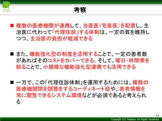 Copyright © Mediva Inc. All Rights Reserved.
考察
13
 複数の医療機関が連携して、当直医（宅直医）を配置し、主
治医に代わって「代理往診」する体制は、一定の質を維持し
つつ、主治医の負担が軽減できる
 また、機能強化型の制度を活用することで、一定の患者数
があればそのコストをカバーできる。そして、曜日・時間帯を
絞ることで、小規模な機能強化型連携でも活用できる
 一方で、この「代理往診体制」を運用するためには、複数の
医療機関間を調整をするコーディネート役や、患者情報を
常に閲覧できるシステム環境などが必須であると考えられ
る
 
