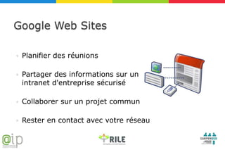 Google Web Sites

   Planifier des réunions

   Partager des informations sur un
    intranet d'entreprise sécurisé

   Collaborer sur un projet commun

   Rester en contact avec votre réseau
 