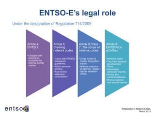 ENTSO-E’s legal role
Under the designation of Regulation 714/2009




        Article 4:         Article 6:            Article 8; Para       Article 8:
        ENTSO              Creating              7: The scope of       ENTSO-E‟s
                           network codes         network codes         activities
        •Charged with
         working to        •In line with ERGEG   •Cross border &       •Network codes
         complete the       framework             market integration   •Ten-Year Network
         internal energy    guidelines.           issues.               Development
         market.           •Which become         •Without prejudice     Plans.
                            binding.              to Member States‟    •Generation
                           •And involve           right to establish    adequacy reports.
                            extensive             codes.               •Winter and
                            consultation.                               summer outlooks.
                                                                       •Work programs
                                                                        and annual reports.




                                                                                     Introduction to Network Codes
                                                                                                        March 2013
 