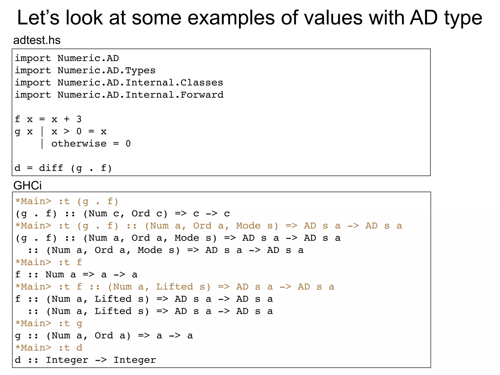 Let’s look at some examples of values with AD type
adtest.hs
import   Numeric.AD
import   Numeric.AD.Types
import   Numeric.AD.Internal.Classes
import   Numeric.AD.Internal.Forward

f x = x + 3
g x | x > 0 = x
    | otherwise = 0

d = diff (g . f)
GHCi
*Main> :t (g . f)
(g . f) :: (Num c, Ord c) => c -> c
*Main> :t (g . f) :: (Num a, Ord a, Mode s) => AD s a -> AD s a
(g . f) :: (Num a, Ord a, Mode s) => AD s a -> AD s a
  :: (Num a, Ord a, Mode s) => AD s a -> AD s a
*Main> :t f
f :: Num a => a -> a
*Main> :t f :: (Num a, Lifted s) => AD s a -> AD s a
f :: (Num a, Lifted s) => AD s a -> AD s a
  :: (Num a, Lifted s) => AD s a -> AD s a
*Main> :t g
g :: (Num a, Ord a) => a -> a
*Main> :t d
d :: Integer -> Integer
 