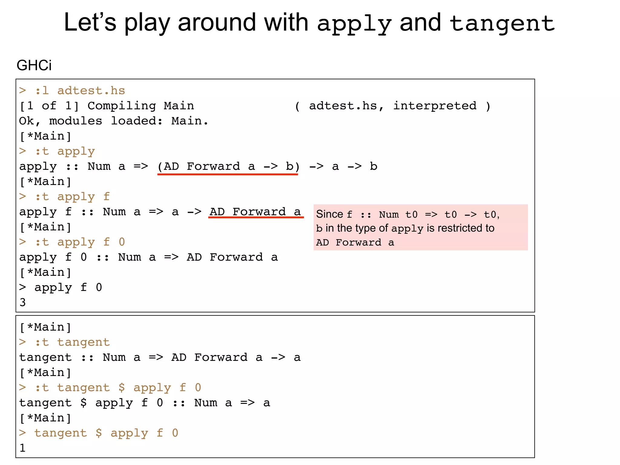Let’s play around with apply and tangent
GHCi
> :l adtest.hs
[1 of 1] Compiling Main             ( adtest.hs, interpreted )
Ok, modules loaded: Main.
[*Main]
> :t apply
apply :: Num a => (AD Forward a -> b) -> a -> b
[*Main]
> :t apply f
apply f :: Num a => a -> AD Forward a Since f :: Num t0 => t0 -> t0,
[*Main]                                b in the type of apply is restricted to
> :t apply f 0                         AD Forward a
apply f 0 :: Num a => AD Forward a
[*Main]
> apply f 0
3
[*Main]
> :t tangent
tangent :: Num a => AD Forward a -> a
[*Main]
> :t tangent $ apply f 0
tangent $ apply f 0 :: Num a => a
[*Main]
> tangent $ apply f 0
1
 