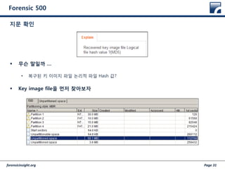 forensicinsight.org Page 31
Forensic 500
 무슨 말일까 …
• 복구된 키 이미지 파일 논리적 파일 Hash 값?
 Key image file을 먼저 찾아보자
지문 확인
 