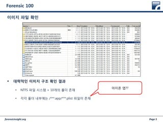 forensicinsight.org Page 5
Forensic 100
 대략적인 이미지 구조 확인 결과
• NTFS 파일 시스템 + 10개의 폴더 존재
• 각각 폴더 내부에는 /***.app/***.plist 파일이 존재
이미지 파일 확인
아이폰 앱??
 