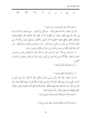‫ﺴ ﺮة ﻨﺒﻮﯾﺔ ﻟ ﻦ ھﺸ م‬
                                                                                                                               ‫اﻟ ﱢﯿ َ ُ اﻟ ﱠ َ ِﱠ ُ ِﺎﺑْ ِ ِ َﺎ ٍ‬


          ‫ﻪ‬
          ‫ﺧ‪‬ﺒ‪‬ﻠﹶ ‪‬‬            ‫ﺮﻩ‬
                              ‫ﺧ‪‬ﻴ‪  ‬‬            ‫ﺴﺪ‬
                                                  ‫ﻳ‪  ‬‬             ‫ﺃﹶﻥﹾ‬         ‫ﻛﹶﺮﹺﺏﹴ‬           ‫ﺃﹶﺑﹺﻲ‬        ‫ﻣ‪‬ﻦ‪‬‬         ‫ﺣ‪ ‬ﱢﻲ‬
                                                                                                                              ‫ﻈ‬                ‫ﻟﹶﻴ‪‬ﺖ‪‬‬




                                                                            ‫& ﻏﹶﻀ‪  ‬ﺎﻥﹶ ﻋ‪‬ﻠﹶﻰ ﺃﹶﻫ‪‬ﻞﹺ ﺍﻟﹾﻤ‪‬ﺪ‪‬ﻳﻨ‪‬ﺔ‪ ،‬ﻭ‪‬ﺳ‪‬ﺒ‪  ‬ﺫﹶﻟ‪‬ﻚ‪# ‬‬
                                                                                     ‫ﺐ‬                                      ‫ﺐ ﺗﺒ‬
‫ﻗﹶﺎﻝﹶ ﺍﺑ‪  ‬ﺇﺳ‪‬ﺤ‪‬ﺎﻕ‪ :‬ﻭ‪‬ﻛﹶﺎﻥﹶ ﻗﹶﺪ‪ ‬ﺟ‪‬ﻌ‪‬ﻞﹶ ﻃﹶﺮﹺﻳﻘﹶ ‪ - ‬ﺣ‪‬ﲔ‪ ‬ﺃﹶﻗﹾﺒ‪‬ﻞﹶ ﻣ‪‬ﻦ‪ ‬ﺍﻟﹾﻤ‪‬ﺸ‪‬ﺮﹺﻕﹺ - ﻋ‪‬ﻠﹶﻰ ﺍﻟﹾﻤ‪‬ﺪ‪‬ﻳﻨ‪‬ﺔ‪ ،‬ﻭ‪‬ﻛﹶﺎﻥﹶ ﻗﹶﺪ‪ ‬ﻣ‪  ‬ﺑﹺﻬ‪‬ﺎ‬
      ‫ﺮ‬                                                                        ‫ﻪ‬                                       ‫ﻦ‬
‫ﻓ‪‬ﻲ ﺑ‪‬ﺪ‪‬ﺃﹶﺗ‪‬ﻪ‪ ‬ﻓﹶﻠﹶﻢ‪ ‬ﻳ‪‬ﻬﹺﺞ‪ ‬ﺃﹶﻫ‪‬ﻠﹶﻬ‪‬ﺎ، ﻭ‪‬ﺧ‪‬ﱠﻒ‪ ‬ﺑ‪‬ﻴ‪‬ﻦ‪ ‬ﺃﹶﻇ ‪‬ﺮﹺﻫ‪‬ﻢ‪ ‬ﺍﺑ‪‬ﻨ‪‬ﺎ ﻟﹶ ‪ ،‬ﻓﹶ ﹸﺘ‪‬ﻞﹶ ﻏ‪‬ﻴﻠﹶﺔﹰ. ﻓﹶﻘﹶﺪ‪‬ﻣ‪‬ﻬ‪‬ﺎ ﻭ‪ ‬ﻮ‪ ‬ﺠ‪‬ﻤ‪  ‬ﻟ‪‬ﺈﹺﺧ‪‬ﺮ‪‬ﺍﺑﹺﻬ‪‬ﺎ‬
               ‫ﻫ ﻣ ﻊ‬                                   ‫ﻪ ﻘ‬                     ‫ﹾﻬ‬             ‫ﻠ‬
‫ﻭ‪‬ﺍﺳ‪‬ﺘ‪‬ﹾﺌﺼ‪‬ﺎﻝﹺ ﺃﹶﻫ‪‬ﻠ‪‬ﻬ‪‬ﺎ، ﻭ‪‬ﻗﹶﻄﹾﻊﹺ ﻧ‪‬ﺨ‪‬ﻠ‪‬ﻬ‪‬ﺎ ؟ ﻓﹶ ‪‬ﻤ‪‬ﻊ‪ ‬ﻟﹶ ‪ ‬ﻫ‪‬ﺬﹶﺍ ﺍﻟﹾﺤ‪  ‬ﻣ‪‬ﻦ‪ ‬ﺍﻟﹾﺄﹶﻧ‪‬ﺼ‪‬ﺎﺭﹺ ﻭ‪‬ﺭ‪‬ﺋ‪‬ﻴ ‪ ‬ﻢ‪ ‬ﻋ‪‬ﻤ‪ ‬ﻭ ﺑ‪  ‬ﻃﹶﱠﺔﹶ ﺃﹶ ‪‬ﻮ ﺑ‪‬ﻨﹺﻲ‬
       ‫ﺴﻬ ﺮ ﻦ ﻠ ﺧ‬                                              ‫ﻲ‬             ‫ﺠ ﻪ‬
‫ﺍﻟ‪ ‬ﺎﺭﹺ، ﹸ ‪ ‬ﺃﹶﺣ‪  ‬ﺑ‪‬ﻨﹺﻲ ﻋ‪‬ﻤ‪‬ﺮﹺﻭ ﺑ‪‬ﻦﹺ ﻣ‪‬ﺒ‪ ‬ﹸﻭﻝﹴ ﻭ‪‬ﺍﺳ‪  ‬ﻣ‪‬ﺒ‪ ‬ﹸﻭﻝﹴ: ﻋ‪‬ﺎﻣ‪  ‬ﺑ‪  ‬ﻣ‪‬ﺎﻟ‪‬ﻚ‪ ‬ﺑ‪‬ﻦﹺ ﺍﻟ‪ ‬ﺎﺭﹺ، ﻭ‪‬ﺍﺳ‪  ‬ﺍﻟ‪ ‬ﺎﺭﹺ: ﺍﳉﺰﺀ‬
         ‫ﻢ ﻨﺠ‬              ‫ﻨﺠ‬                 ‫ﺮ ﻦ‬              ‫ﻢ ﺬ‬               ‫ﺬ‬                         ‫ﻨﺠ ﺛﻢ ﺪ‬
                               ‫ﺍﻷﻭﻝ ﺗ‪‬ﻴ‪  ‬ﺍﻟﱠﻪ‪ ِ‬ﺑ‪  ‬ﺛﹶﻌ‪‬ﻠﹶﺒ‪‬ﺔﹶ ﺑ‪‬ﻦﹺ ﻋ‪‬ﻤ‪‬ﺮﹺﻭ ﺑ‪‬ﻦﹺ ﺍﻟﹾﺨ‪‬ﺰ‪‬ﺭ‪‬ﺝﹺ ﺑ‪‬ﻦﹺ ﺣ‪‬ﺎﺭﹺﺛﹶﺔﹶ ﺑ‪‬ﻦﹺ ﺛﹶﻌ‪‬ﻠﹶﺒ‪‬ﺔﹶ ﺑ‪‬ﻦﹺ ﻋ‪‬ﻤ‪‬ﺮﹺﻭ ﺑ‪‬ﻦﹺ ﻋ‪‬ﺎﻣ‪‬ﺮﹴ.‬
                                                                                                                                  ‫ﻢ ﻠ ﻦ‬
‫& ﻧ‪‬ﺴ‪  ‬ﻋ‪‬ﻤ‪‬ﺮﹺﻭ ﺑ‪‬ﻦﹺ ﻃﹶﱠﺔﹶ # ﻗﹶﺎﻝﹶ ﺍﺑ‪  ‬ﻫ‪‬ﺸ‪‬ﺎﻡﹴ: ﻋ‪‬ﻤ‪ ‬ﻭ ﺑ‪  ‬ﻃﹶﱠﺔﹶ: ﻋ‪‬ﻤ‪ ‬ﻭ ﺑ‪  ‬ﻌ‪‬ﺎﻭﹺﻳ‪‬ﺔﹶ ﺑ‪‬ﻦﹺ ﻋ‪‬ﻤ‪‬ﺮﹺﻭ ﺑ‪‬ﻦﹺ ﻋ‪‬ﺎﻣ‪‬ﺮﹺ ﺑ‪‬ﻦﹺ‬
                                        ‫ﺮ ﻦﻣ‬              ‫ﺮ ﻦ ﻠ‬                     ‫ﻦ‬               ‫ﻠ‬                ‫ﺐ‬
‫ﻣ‪‬ﺎﻟ‪‬ﻚ‪ ‬ﺑ‪‬ﻦﹺ ﺍﻟ‪ ‬ﺎﺭﹺ، ﻭ‪‬ﻃﹶﱠ ﹸ ﹸ ‪ ، ‬ﻭ‪‬ﻫ‪‬ﻲ‪ ‬ﺑﹺﻨ‪  ‬ﻋ‪‬ﺎﻣ‪‬ﺮﹺ ﺑ‪‬ﻦﹺ ‪‬ﺭ‪‬ﻳ‪‬ﻖﹺ ﺑ‪‬ﻦﹺ ﻋ‪‬ﺒ‪‬ﺪ‪ ‬ﺣ‪‬ﺎﺭﹺﺛﹶﺔﹶ ﺑ‪‬ﻦﹺ ﻣ‪‬ﺎﻟ‪‬ﻚ‪ ‬ﺑ‪‬ﻦﹺ ﻏﹶﻀ‪‬ﺐﹺ ﺑ‪‬ﻦﹺ ‪‬ﺸ‪‬ﻢ‪ ‬ﺑ‪‬ﻦﹺ‬
         ‫ﺟ‬                                                           ‫ﺯ‬              ‫ﺖ‬              ‫ﻠ ﺔ ﺃﻣ ﻪ‬          ‫ﻨﺠ‬
                                                                                                                                                 ‫ﺍﻟﹾﺨ‪‬ﺰ‪‬ﺭ‪‬ﺝﹺ.‬
                                                                                               ‫& ﺳ‪‬ﺒ‪  ‬ﻗ‪‬ﺘ‪‬ﺎﻝﹺ ‪‬ﺎﻥﹶ ﻟ‪‬ﺄﹶﻫ‪‬ﻞﹺ ﺍﻟﹾﻤ‪‬ﺪ‪‬ﻳﻨ‪‬ﺔ‪# ‬‬
                                                                                                                          ‫ﺗﺒ‬         ‫ﺐ‬


                                                                                               ‫& ﺳ‪‬ﺒ‪  ‬ﻗ‪‬ﺘ‪‬ﺎﻝﹺ ‪‬ﺎﻥﹶ ﻟ‪‬ﺄﹶﻫ‪‬ﻞﹺ ﺍﻟﹾﻤ‪‬ﺪ‪‬ﻳﻨ‪‬ﺔ‪# ‬‬
                                                                                                                          ‫ﺗﺒ‬         ‫ﺐ‬
‫ﻗﹶﺎﻝﹶ ﺍﺑ‪  ‬ﺇﺳ‪‬ﺤ‪‬ﺎﻕ‪ :‬ﻭ‪‬ﻗﹶﺪ‪ ‬ﻛﹶﺎﻥﹶ ﺭ‪  ‬ﹲ ﻣ‪‬ﻦ‪ ‬ﺑ‪‬ﻨﹺﻲ ﻋ‪‬ﺪ‪  ‬ﺑ‪‬ﻦﹺ ﺍﻟ‪ ‬ﺎﺭﹺ، ‪‬ﻘﹶﺎ ﹸ ﻟﹶ ‪ ‬ﺃﹶﺣ‪‬ﻤ‪ . ‬ﻋ‪‬ﺪ‪‬ﺍ ﻋ‪‬ﻠﹶﻰ ﺭ‪ ‬ﻞﹴ ﻣ‪‬ﻦ‪‬‬
       ‫ﺟ‬                 ‫ﻨﺠ ﻳ ﻝ ﻪ ﺮ‬                          ‫ﻱ‬                 ‫ﺟﻞ‬                            ‫ﻦ‬
‫ﺃﹶﺻ‪‬ﺤ‪‬ﺎﺏﹺ ‪‬ﻊﹴ ﺣ‪ ‬ﲔ‪ ‬ﻧ‪‬ﺰ‪‬ﻝﹶ ﺑﹺﻬﹺﻢ‪ ‬ﻓﹶﻘﹶﺘ‪‬ﻠﹶ ‪ ،‬ﻭ‪‬ﺫﹶﻟ‪‬ﻚ‪ ‬ﺃﹶ‪  ‬ﻭ‪‬ﺟ‪‬ﺪ‪  ‬ﻓ‪‬ﻲ ﻋ‪‬ﺬﹾﻕﹴ ﻟﹶ ‪ ‬ﻳ‪    ‬ﻓﹶﻀ‪‬ﺮ‪‬ﺑ‪  ‬ﺑﹺﻤ‪‬ﻨ‪‬ﺠ‪‬ﻠ‪‬ﻪ‪ ‬ﻓﹶﻘﹶﺘ‪‬ﻠﹶ ‪ ،‬ﻭ‪‬ﻗﹶﺎﻝﹶ: ﺇ‪‬ﻤ‪‬ﺎ‬
   ‫ﻧ‬            ‫ﻪ‬                       ‫ﻪ‬          ‫ﻪ ﺠﺪﻩ‬                    ‫ﻩ‬        ‫ﻧﻪ‬              ‫ﻪ‬                                ‫ﺗﺒ‬
‫ﺮ ﻪ‬
‫ﺍﻟ‪‬ﻤ‪  ‬ﻟ‪‬ﻤ‪‬ﻦ‪ ‬ﺃﹶ‪‬ﺮ‪ . ‬ﻓﹶﺰ‪‬ﺍﺩ‪ ‬ﺫﹶﻟ‪‬ﻚ‪ ‬ﻌ‪‬ﺎ ﺣ‪‬ﻨ‪‬ﻘﹰﺎ ﻋ‪‬ﻠﹶﻴ‪‬ﻬﹺﻢ‪ ،‬ﻓﹶﺎﻗﹾﺘ‪‬ﺘ‪‬ﹸﻮﺍ. ﻓﹶﺘ‪‬ﺰ‪   ‬ﺍﻟﹾﺄﹶﻧ‪‬ﺼ‪‬ﺎ ‪ ‬ﺃﹶ‪ ‬ﻢ‪ ‬ﻛﹶﺎ‪‬ﻮﺍ ‪‬ﻘﹶﺎﺗ‪‬ﹸﻮﻧ‪  ‬ﺑﹺﺎﻟ‪‬ﻬ‪‬ﺎﺭﹺ، ﻭ‪‬ﻳ‪‬ﻘﹾ ‪‬ﻭﻧ‪ ‬‬
                    ‫ﺭ ﻧﻬ ﻧ ﻳ ﻠ ﻪ ﻨ‬                                 ‫ﻋﻢ‬            ‫ﻠ‬                                 ‫ﺗﺒ‬                 ‫ﺑﻩ‬             ‫ﺘﺮ‬
                                                                       ‫ﺑﹺﺎﻟﱠﻴ‪‬ﻞﹺ، ﻓﹶ‪‬ﻌ‪‬ﺠﹺ‪  ‬ﺫﹶﻟ‪‬ﻚ‪ ‬ﻣ‪‬ﻨ‪ ‬ﻢ‪ ،‬ﻭ‪‬ﻳ‪ ‬ﹸﻮ ﹸ: ﻭ‪‬ﺍﹶﻟﱠﻪ‪ ‬ﺇ ﱠ ﻗﹶﻮ‪‬ﻣ‪‬ﻨ‪‬ﺎ ﻟﹶﻜ‪‬ﺮ‪‬ﺍ ‪.‬‬
                                                                        ‫ﻡ‬                   ‫ﻬ ﻘﻝ ﻠ ﻥ‬                                 ‫ﻠ ﻴ ﺒﻪ‬
                                                            ‫& ﺍﻧ‪‬ﺼ‪‬ﺮ‪‬ﺍ ‪ ‬ﺎﻥﹶ ﻋ‪‬ﻦ‪ ‬ﺇﻫ‪‬ﻠﹶﺎﻙ‪ ‬ﺍﻟﹾﻤ‪‬ﺪ‪‬ﻳﻨ‪‬ﺔ‪ ‬ﻭ‪‬ﺷ‪‬ﻌ‪  ‬ﺧ‪‬ﺎﻟ‪‬ﺪ‪ ‬ﻓ‪‬ﻲ ﺫﹶﻟ‪‬ﻚ‪# ‬‬
                                                                                 ‫ﺮ‬                                      ‫ﻑ ﺗﺒ‬


                                                           ‫& ﺍﻧ‪‬ﺼ‪‬ﺮ‪‬ﺍ ‪ ‬ﺎﻥﹶ ﻋ‪‬ﻦ‪ ‬ﺇﻫ‪‬ﻠﹶﺎﻙ‪ ‬ﺍﻟﹾﻤ‪‬ﺪ‪‬ﻳﻨ‪‬ﺔ‪ ،‬ﻭ‪‬ﺷ‪‬ﻌ‪  ‬ﺧ‪‬ﺎﻟ‪‬ﺪ‪ ‬ﻓ‪‬ﻲ ﺫﹶﻟ‪‬ﻚ‪# ‬‬
                                                                                ‫ﺮ‬                                       ‫ﻑ ﺗﺒ‬


                                                                             ‫41‬
 