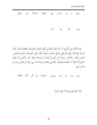 ‫ﺴ ﺮة ﻨﺒﻮﯾﺔ ﻟ ﻦ ھﺸ م‬
                                                                                                                                   ‫اﻟ ﱢﯿ َ ُ اﻟ ﱠ َ ِﱠ ُ ِﺎﺑْ ِ ِ َﺎ ٍ‬


          ‫ﺳ‪ ‬ﻴﻞﹾ‬
             ‫ﺠ‬              ‫ﻣ‪‬ﻦ‪‬‬         ‫ﺓ‬
                                         ‫ﺣ‪‬ﺠ‪‬ﺎﺭ‪ ‬ﹲ‬           ‫ﺗ‪‬ﺮ‪‬ﻣ‪‬ﻴﻬﹺﻢ‪‬‬        ‫ﺍﻟﹾﻔ‪‬ﻴﻞﹾ‬           ‫ﺃﹶﺻ‪‬ﺤ‪‬ﺎﺏ‪‬‬       ‫ﺲ‬
                                                                                                                   ‫ﻣ‪ ‬‬            ‫ﻣ‪‬ﺎ‬        ‫ﻭ‪‬ﻣ‪  ‬ﻢ‪‬‬
                                                                                                                                                ‫ﺴﻬ‬




                                                                                ‫ﺃﹶﺑ‪‬ﺎﺑﹺﻴﻞﹾ‬               ‫ﺑﹺﻬﹺﻢ‪‬‬           ‫ﺮ‬
                                                                                                                          ‫ﻃﹶﻴ‪ ‬‬                ‫ﻭ‪‬ﻟﹶﻌ‪‬ﺒ‪‬ﺖ‪‬‬




‫ﻭ‪‬ﻫ‪‬ﺬ‪‬ﻩ‪ ‬ﺍﻟﹾﺄﹶﺑ‪‬ﻴ‪‬ﺎ ‪ ‬ﻓ‪‬ﻲ ﹸﺭ‪ ‬ﻮﺯ‪‬ﺓ‪ ‬ﻟﹶ ‪ .‬ﺫﹶﻛﹶﺮ‪ ‬ﺑ‪‬ﻌ‪  ‬ﺍﻟﹾ ‪‬ﻔ ‪‬ﺮﹺﻳﻦ‪ ‬ﺃﹶ‪ ‬ﻤ‪‬ﺎ ﻛﹶﻠ‪‬ﻤ‪‬ﺘ‪‬ﺎﻥ‪ ‬ﺑﹺﺎﻟﹾﻔﹶﺎﺭﹺﺳ‪‬ﺔ‪ ،‬ﺟ‪‬ﻌ‪‬ﻠﹶﺘ‪ ‬ﻤ‪‬ﺎ ﺍﻟﹾﻌ‪‬ﺮ‪  ‬ﻛﹶﻠ‪‬ﻤ‪‬ﺔﹰ‬
         ‫ﺏ‬            ‫ﻬ‬             ‫ﻴ‬                            ‫ﺾ ﻤ ﹶﺴ ﻧﻬ‬                          ‫ﺕ ﺃﺟ ﻪ‬
‫ﻭ‪‬ﺍﺣ‪‬ﺪ‪‬ﺓﹰ، ﻭ‪‬ﺇﹺ‪‬ﻤ‪‬ﺎ ‪‬ﻮ‪ ‬ﺳ‪‬ﻨ‪  ‬ﻭ‪‬ﺟ‪ ‬ﱞ ﻳ‪‬ﻌ‪‬ﻨﹺﻲ ﺑﹺﺎﻟ ‪‬ﻨ‪‬ﺞﹺ: ﺍﻟﹾﺤ‪‬ﺠ‪‬ﺮ‪ ،‬ﻭ‪‬ﺍﻟﹾﺠ‪ ‬ﱡ: ﺍﻟ ﱢﲔ‪ .‬ﻳ‪‬ﻌ‪‬ﻨﹺﻲ: ﺍﻟﹾﺤ‪‬ﺠ‪‬ﺎﺭ‪ ‬ﹸ ﻣ‪‬ﻦ‪ ‬ﻫ‪‬ﺬﹶﻳ‪‬ﻦﹺ ﺍﻟﹾﺠﹺﻨ‪‬ﺴ‪‬ﻴ‪‬ﻦﹺ:‬
                             ‫ﺓ‬                        ‫ﻞ ﻄ‬                             ‫ﺴ‬              ‫ﻧ ﻫ ﺞ ﻞ‬
‫ﺍﻟﹾﺤ‪‬ﺠ‪‬ﺮﹺ ﻭ‪‬ﺍﻟ ﱢﲔﹺ. ﻭ‪‬ﺍﻟﹾﻌ‪‬ﺼ‪ : ‬ﻭ‪‬ﺭ‪  ‬ﺍﻟ ‪‬ﺭ‪‬ﻉﹺ ﺍﱠﺬ‪‬ﻱ ﻟﹶﻢ‪ ‬ﻘﹶ ‪‬ﺐ‪ ،‬ﻭ‪‬ﻭ‪‬ﺍﺣ‪‬ﺪ‪  ‬ﻋ‪‬ﺼ‪‬ﻔﹶ ﹲ. ﻗﹶﺎﻝﹶ: ﻭ‪‬ﺃﹶﺧ‪‬ﺒ‪‬ﺮ‪‬ﻧﹺﻲ ﺃﹶ‪‬ﻮ ‪‬ﺒ‪‬ﻴ‪‬ﺪ‪‬ﺓﹶ‬
        ‫ﺑ ﻋ‬                          ‫ﺔ‬        ‫ﺗﻪ‬              ‫ﻳﺼ‬            ‫ﻒ ﻕ ﺰ ﻟ‬                            ‫ﻄ‬
‫ﺍﻟ‪‬ﺤ‪‬ﻮﹺ ‪ ‬ﺃﹶ‪  ‬ﻘﹶﺎ ﹸ ﻟﹶ ‪ :‬ﺍﻟﹾ ‪‬ﺼ‪‬ﺎﻓﹶ ﹸ ﻭ‪‬ﺍﻟﹾﻌ‪‬ﺼ‪‬ﻴﻔﹶ ﹸ. ﻭ‪‬ﺃﹶﻧ‪‬ﺸ‪‬ﺪ‪‬ﻧﹺﻲ ﻟ‪‬ﻌ‪‬ﻠﹾﻘﹶﻤ‪‬ﺔﹶ ﺑ‪‬ﻦﹺ ﻋ‪‬ﺒ‪‬ﺪ‪‬ﺓﹶ ﺃﹶﺣ‪‬ﺪ‪ ‬ﺑ‪‬ﻨﹺﻲ ﺭ‪‬ﺑﹺﻴﻌ‪‬ﺔﹶ ﺑ‪‬ﻦﹺ ﻣ‪‬ﺎﻟ‪‬ﻚ‪ ‬ﺑ‪‬ﻦﹺ ﺯ‪‬ﻳ‪‬ﺪ‪ ‬ﺑ‪‬ﻦﹺ‬
                                                                                               ‫ﺔ‬              ‫ﻨ ﻱ ﻧﻪ ﻳ ﻝ ﻪ ﻌ ﺔ‬
                                                                                                                                             ‫ﻣ‪‬ﻨ‪‬ﺎﺓﹶ ﺑ‪‬ﻦﹺ ﺗ‪‬ﻤ‪‬ﻴﻢﹴ:‬
                                                                                                                                                             ‫:‬
          ‫ﻤﻡ‬
          ‫ﻣ‪‬ﻄﹾ ‪‬ﻮ ‪‬‬      ‫ﺍﻟﹾﻤ‪‬ﺎﺀَ‬     ‫ﻣ‪‬ﻦ‪ ‬ﺃﹶ‪‬ﻰ‬
                                       ‫ﺗ‬                  ‫ﺣ‪ ‬ﻭ ‪‬ﻫ‪‬ﺎ‬
                                                             ‫ﺪﺭ‬                 ‫ﻋ‪‬ﺼ‪‬ﻴﻔﹶ‪‬ﻬ‪‬ﺎ‬
                                                                                   ‫ﺘ‬                  ‫ﻣ‪‬ﺎﻟﹶﺖ‪‬‬      ‫ﻗﹶﺪ‪‬‬        ‫ﻣ‪‬ﺬﹶﺍﻧﹺﺐ‪‬‬         ‫ﺗ‪‬ﺴ‪‬ﻘﹶﻰ‬




                                                                                             ‫ﻭ‪‬ﻫ‪‬ﺬﹶﺍ ﺍﻟﹾﺒ‪‬ﻴ‪  ‬ﻓ‪‬ﻲ ﻗﹶﺼ‪‬ﻴﺪ‪‬ﺓ‪ ‬ﻟﹶ ‪ .‬ﻭ‪‬ﻗﹶﺎﻝﹶ ﺍﻟ ‪‬ﺍﺟﹺ ‪:‬‬
                                                                                              ‫ﺮ ﺰ‬                ‫ﻪ‬                  ‫ﺖ‬




                                                                           ‫44‬
 