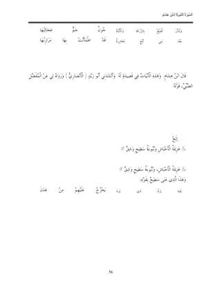 ‫ﺴ ﺮة ﻨﺒﻮﯾﺔ ﻟ ﻦ ھﺸ م‬
                                                                                                                           ‫اﻟ ﱢﯿ َ ُ اﻟ ﱠ َ ِﱠ ُ ِﺎﺑْ ِ ِ َﺎ ٍ‬


         ‫ﻋ‪‬ﺠ‪‬ﺎﺋ‪‬ﻬ‪‬ﺎ‬
            ‫ﺒ‬                        ‫ﻢ‬
                                     ‫ﺟ‪ ‬‬                   ‫ﺟﻥ‬
                                                            ‫‪‬ﻮ ﹲ‬            ‫ﻳﻡ‬
                                                                            ‫ﻭ‪‬ﺍﻟﹾﺄﹶ‪‬ﺎ ‪‬‬         ‫ﺑﹺﺎﻟ ‪‬ﺭ‪‬ﺍﻓﹶﺔ‪‬‬
                                                                                                       ‫ﺰ‬          ‫ﺞ‬
                                                                                                                  ‫ﺍﻟﹾﻔﹶﻴ‪ ‬‬              ‫ﻭ‪ ‬ﻝﹶ‬
                                                                                                                                           ‫ﺑﺪ‬

         ‫ﻣ‪‬ﺮ‪‬ﺍﺯﹺ‪‬ﻬ‪‬ﺎ‬
            ‫ﺑ‬                ‫ﺑﹺﻬ‪‬ﺎ‬          ‫ﺍﻃﹾﻤ‪‬ﺄﹶ‪‬ﺖ‪‬‬
                                              ‫ﻧ‬                ‫ﻗﹶﺪ‪‬‬         ‫ﺓ‬
                                                                            ‫ﻧ‪‬ﺨ‪‬ﺎﻭﹺﺭ‪ ‬ﹲ‬               ‫‪‬ﻊﹴ‬
                                                                                                        ‫ﺗﺒ‬          ‫ﺑ‪‬ﻨﹺﻲ‬                   ‫ﺑ‪‬ﻌ‪‬ﺪ‪‬‬




‫ﻗﹶﺎﻝﹶ ﺍﺑ‪  ‬ﻫ‪‬ﺸ‪‬ﺎﻡﹴ: ﻭ‪‬ﻫ‪‬ﺬ‪‬ﻩ‪ ‬ﺍﻟﹾﺄﹶﺑ‪‬ﻴ‪‬ﺎ ‪ ‬ﻓ‪‬ﻲ ﻗﹶﺼ‪‬ﻴﺪ‪‬ﺓ‪ ‬ﻟﹶ ‪ .‬ﻭ‪‬ﺃﹶﻧ‪‬ﺸ‪‬ﺪ‪‬ﻧﹺﻲ ﺃﹶ‪‬ﻮ ﺯ‪‬ﻳ‪‬ﺪ‪ ) ‬ﺍﻟﹾﺄﹶﻧ‪‬ﺼ‪‬ﺎﺭﹺ ‪ ( ‬ﻭ‪‬ﺭ‪‬ﻭ‪‬ﺍ ‪ ‬ﻟ‪‬ﻲ ﻋ‪‬ﻦ‪ ‬ﺍﻟﹾ ‪‬ﻔ ‪‬ﻞﹺ‬
  ‫ﻤ ﹶﻀ‬              ‫ﻩ‬           ‫ﻱ‬                        ‫ﺑ‬                  ‫ﻪ‬                  ‫ﺕ‬                              ‫ﻦ‬
                                                                                                                                     ‫ﺍﻟ ‪ ، ‬ﻗﹶﻮ‪‬ﻟﹶ ‪:‬‬
                                                                                                                                      ‫ﻀﺒﻲ ﻪ‬




                                                                                                                                      ‫.... ﺇﻟﹶﺦ‪‬‬
                                                                                     ‫& ﻫ‪‬ﺰﹺﳝ‪ ‬ﹸ ﺍﻟﹾﺄﺣ‪‬ﺒ‪‬ﺎﺵﹺ ﻭ‪‬ﻮﺀَ ﹸ ﺳ‪‬ﻄ‪‬ﻴﺢﹴ ﻭ‪‬ﺷ‪#  ‬‬
                                                                                       ‫ﻖ‬              ‫ﻧﺒ ﺓ‬             ‫ﺔ ﹶ‬


                                                                                ‫& ﻫ‪‬ﺰﹺﳝ‪ ‬ﹸ ﺍﻟﹾﺄﺣ‪‬ﺒ‪‬ﺎﺵﹺ، ﻭ‪‬ﻮﺀَ ﹸ ﺳ‪‬ﻄ‪‬ﻴﺢﹴ ﻭ‪‬ﺷ‪#  ‬‬
                                                                                  ‫ﻖ‬              ‫ﻧﺒ ﺓ‬              ‫ﺔ ﹶ‬
                                                                                                    ‫ﻭ‪‬ﻫ‪‬ﺬﹶﺍ ﺍﱠﺬ‪‬ﻱ ﻋ‪‬ﻨ‪‬ﻰ ﺳ‪‬ﻄ‪‬ﻴ ‪ ‬ﺑﹺﻘﹶﻮ‪‬ﻟ‪‬ﻪ‪:‬‬
                                                                                                                ‫ﺢ‬                ‫ﻟ‬
         ‫ﻋ‪‬ﺪ‪‬ﻥﹶ‬           ‫ﻣ‪‬ﻦ‪‬‬          ‫ﻋ‪‬ﻠﹶﻴ‪‬ﻬﹺﻢ‪‬‬        ‫ﺮﺝ‬
                                                          ‫ﻳ‪‬ﺨ‪  ‬‬          ‫ﻳ‪‬ﺰ‪‬ﻥﹶ‬               ‫ﺫ‪‬ﻱ‬               ‫ﻡ‬
                                                                                                                   ‫ﺇﺭ‪ ‬‬                    ‫ﻳ‪‬ﻠ‪‬ﻴﻪ‪‬‬




                                                                      ‫65‬
 