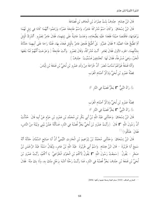 ‫ﺴ ﺮة ﻨﺒﻮﯾﺔ ﻟ ﻦ ھﺸ م‬
                                                                                                                            ‫اﻟ ﱢﯿ َ ُ اﻟ ﱠ َ ِﱠ ُ ِﺎﺑْ ِ ِ َﺎ ٍ‬


                                                            ‫ﻗﹶﺎﻝﹶ ﺍﺑ‪  ‬ﻫ‪‬ﺸ‪‬ﺎﻡﹴ: ﺧ‪‬ﻨ‪‬ﺪ‪  ‬ﺑﹺﻨ‪  ‬ﻋ‪‬ﻤ‪‬ﺮ‪‬ﺍﻥﹶ ﺑ‪‬ﻦﹺ ﺍﻟﹾﺤ‪‬ﺎﻑ‪ ‬ﺑ‪‬ﻦﹺ ﹸﻀ‪‬ﺎﻋ‪‬ﺔﹶ.‬
                                                                    ‫ﻗ‬                              ‫ﻑ ﺖ‬                      ‫ﻦ‬
‫ﻗﹶﺎﻝﹶ ﺍﺑ‪  ‬ﺇﺳ‪‬ﺤ‪‬ﺎﻕ‪ :‬ﻭ‪‬ﻛﹶﺎﻥﹶ ﺍﺳ‪  ‬ﺪ‪‬ﺭﹺﻛﹶﺔﹶ ﻋ‪‬ﺎﻣ‪‬ﺮ‪‬ﺍ، ﻭ‪‬ﺍﺳ‪  ‬ﻃﹶﺎﺑﹺﺨ‪‬ﺔﹶ ﻋ‪‬ﻤ‪‬ﺮ‪‬ﺍ؛ ﻭ‪‬ﺯ‪‬ﻋ‪ ‬ﻮﺍ ﺃﹶ‪ ‬ﻤ‪‬ﺎ ﻛﹶﺎﻧ‪‬ﺎ ﻓ‪‬ﻲ ﺇﺑﹺﻞﹴ ﻟﹶ ‪‬ﻤ‪‬ﺎ‬
   ‫ﻬ‬                        ‫ﻤ ﻧﻬ‬                                ‫ﻢ‬                         ‫ﻢﻣ‬                        ‫ﻦ‬
‫ﻳ‪‬ﺮ‪‬ﻋ‪‬ﻴ‪‬ﺎﻧﹺﻬ‪‬ﺎ، ﻓﹶﺎﻗﹾﺘ‪‬ﻨ‪‬ﺼ‪‬ﺎ ﺻ‪‬ﻴ‪‬ﺪ‪‬ﺍ ﻓﹶﻘﹶﻌ‪‬ﺪ‪‬ﺍ ﻋ‪‬ﻠﹶﻴ‪‬ﻪ‪ ‬ﻳ‪‬ﻄﹾ‪‬ﺨ‪‬ﺎﻧﹺﻪ‪ ،‬ﻭ‪‬ﻋ‪‬ﺪ‪‬ﺕ‪ ‬ﻋ‪‬ﺎﺩ‪‬ﻳ‪ ‬ﹲ ﻋ‪‬ﻠﹶﻰ ﺇﺑﹺﻠ‪‬ﻬﹺﻤ‪‬ﺎ، ﻓﹶﻘﹶﺎﻝﹶ ﻋ‪‬ﺎﻣ‪  ‬ﻟ‪‬ﻌ‪‬ﻤ‪‬ﺮﹴﻭ: ﺃﹶ‪‬ﺪ‪‬ﺭﹺ ‪ ‬ﺍﻟﹾﺈﹺﺑﹺﻞﹶ‬
          ‫ﺗ ﻙ‬                  ‫ﺮ‬                                 ‫ﺔ‬                          ‫ﺒ‬
‫ﺪﻩ‬
‫ﺃﹶﻡ‪ ‬ﺗ‪‬ﻄﹾ‪  ‬ﻫ‪‬ﺬﹶﺍ ﺍﻟ ‪‬ﻴ‪‬ﺪ‪ ‬؟ ﻓﹶﻘﹶﺎﻝﹶ ﻋ‪‬ﻤ‪ ‬ﻭ: ﺑ‪‬ﻞﹾ ﺃﹶﻃﹾ‪  ‬ﻓﹶﻠﹶﺤ‪‬ﻖ‪ ‬ﻋ‪‬ﺎﻣ‪  ‬ﺑﹺﺎﻟﹾﺈﹺﺑﹺﻞﹺ ﻓﹶﺠ‪‬ﺎﺀَ ﺑﹺﻬ‪‬ﺎ، ﻓﹶﻠﹶ ‪‬ﺎ ﺭ‪‬ﺍﺣ‪‬ﺎ ﻋ‪‬ﻠﹶﻰ ﺃﹶﺑﹺﻴﻬﹺﻤ‪‬ﺎ ﺣ‪ ‬ﺛﹶﺎ ‪‬‬
                                   ‫ﻤ‬                                 ‫ﺮ‬                ‫ﺒﺦ‬             ‫ﺮ‬                    ‫ﺼ‬          ‫ﺒﺦ‬
‫ﺑﹺﺸ‪‬ﺄﹾﻧﹺﻬﹺﻤ‪‬ﺎ، ﺍﳉﺰﺀ ﺍﻷﻭﻝ ﻓﹶﻘﹶﺎﻝﹶ ﻟ‪‬ﻌ‪‬ﺎﻣ‪‬ﺮﹺ: ﺃﹶﻧ‪‬ﺖ‪ ‬ﺪ‪‬ﺭﹺﻛﹶ ﹲ، ﻭ‪‬ﻗﹶﺎﻝﹶ ﻟ‪‬ﻌ‪‬ﻤ‪‬ﺮﹺﻭ: ﻭ‪‬ﺃﹶﻧ‪‬ﺖ‪ ‬ﻃﹶﺎﺑﹺﺨ‪ ‬ﹸ ) ﻭ‪‬ﺧ‪‬ﺮ‪‬ﺟ‪‬ﺖ‪ ‬ﹸ ‪ ‬ﻢ‪ ‬ﻟﹶ ‪‬ﺎ ﺑ‪‬ﻠﹶﻐ‪‬ﻬ‪‬ﺎ‬
           ‫ﺃﻣ ﻬ ﻤ‬                    ‫ﺔ‬                                      ‫ﻣ ﺔ‬
                                                              ‫ﺍﻟﹾﺨ‪‬ﺒ‪ ، ‬ﻭ‪‬ﻫ‪‬ﻲ‪ ‬ﺴ‪‬ﺮﹺﻋ‪ ‬ﹲ، ﻓﹶﻘﹶﺎﻝﹶ ﻟﹶﻬ‪‬ﺎ: ‪‬ﺨ‪‬ﻨ‪‬ﺪ‪‬ﻓ‪‬ﲔ‪ ‬ﻓﹶ ‪ ‬ﻴ‪‬ﺖ‪ :‬ﺧ‪‬ﻨ‪‬ﺪ‪.(  ‬‬
                                                                 ‫ﻑ‬             ‫ﺴﻤ‬               ‫ﺗ‬                 ‫ﻣ ﺔ‬               ‫ﺮ‬
                       ‫ﻭ‪‬ﺃﹶ ‪‬ﺎ ﻗﹶﻤ‪‬ﻌ‪ ‬ﹸ ﻓﹶﻴ‪‬ﺰ‪    ‬ﺎ ‪ ‬ﻀ‪‬ﺮ‪ :‬ﺃﹶ ﱠ ‪‬ﺰ‪‬ﺍﻋ‪‬ﺔﹶ ﻣ‪‬ﻦ‪ ‬ﻭ‪‬ﻟﹶﺪ‪ ‬ﻋ‪‬ﻤ‪‬ﺮﹺﻭ ﺑ‪‬ﻦﹺ ﹸﺤ‪  ‬ﺑ‪‬ﻦﹺ ﻗﹶﻤ‪‬ﻌ‪‬ﺔﹶ ﺑ‪‬ﻦﹺ ﺇﻟﹾﻴ‪‬ﺎﺱ‪.‬‬
                                                    ‫ﻟ ﻲ‬                                   ‫ﻥﺧ‬          ‫ﻣ ﺔ ﻋﻢ ﻧﺴ ﺏ ﻣ‬
                                                                                       ‫ﻗ‪  ‬ﹸ ﻋ‪‬ﻤ‪‬ﺮﹺﻭ ﺑ‪‬ﻦﹺ ﹸﺤ‪  ‬ﻭ‪‬ﺫ‪‬ﻛﹾ ‪ ‬ﺃﹶﺻ‪‬ﻨ‪‬ﺎﻡﹺ ﺍﻟﹾﻌ‪‬ﺮ‪‬ﺏﹺ‬
                                                                                                           ‫ﻟ ﻲ ﺮ‬                       ‫ﺼﺔ‬


                                                                                        ‫& ﺭ‪‬ﺁ ‪ ‬ﺍﻟ‪‬ﺒﹺ ‪ r ‬ﻳ‪   ‬ﻗﹶﺼ‪‬ﺒ‪  ‬ﻓ‪‬ﻲ ﺍﻟ‪‬ﺎﺭﹺ #‬
                                                                                             ‫ﻨ‬       ‫ﻩ ﻨ ﻲ ﺠﺮ ﻪ‬


                                                                                       ‫ﻗ‪  ‬ﹸ ﻋ‪‬ﻤ‪‬ﺮﹺﻭ ﺑ‪‬ﻦﹺ ﹸﺤ‪  ‬ﻭ‪‬ﺫ‪‬ﻛﹾ ‪ ‬ﺃﹶﺻ‪‬ﻨ‪‬ﺎﻡﹺ ﺍﻟﹾﻌ‪‬ﺮ‪‬ﺏﹺ‬
                                                                                                           ‫ﻟ ﻲ ﺮ‬                       ‫ﺼﺔ‬
                                                                                        ‫& ﺭ‪‬ﺁ ‪ ‬ﺍﻟ‪‬ﺒﹺ ‪ r ‬ﻳ‪   ‬ﻗﹶﺼ‪‬ﺒ‪  ‬ﻓ‪‬ﻲ ﺍﻟ‪‬ﺎﺭﹺ #‬
                                                                                             ‫ﻨ‬       ‫ﻩ ﻨ ﻲ ﺠﺮ ﻪ‬
‫ﺣﺪ ﺖ‬
‫ﻗﹶﺎﻝﹶ ﺍﺑ‪  ‬ﺇﺳ‪‬ﺤ‪‬ﺎﻕ‪ :‬ﻭ‪‬ﺣ‪ ‬ﺛﹶﻨﹺﻲ ﻋ‪‬ﺒ‪  ‬ﺍﻟﱠﻪ‪ ِ‬ﺑ‪  ‬ﺃﹶﺑﹺﻲ ﺑ‪‬ﻜﹾﺮﹺ ﺑ‪‬ﻦﹺ ‪‬ﺤ‪ ‬ﺪ‪ ‬ﺑ‪‬ﻦﹺ ﻋ‪‬ﻤ‪‬ﺮﹺﻭ ﺑ‪‬ﻦﹺ ﺣ‪‬ﺰ‪‬ﻡﹴ ﻋ‪‬ﻦ‪ ‬ﺃﹶﺑﹺﻴﻪ‪ ‬ﻗﹶﺎﻝﹶ: ‪ ‬ﺛﹾ ‪‬‬
                                                       ‫ﻣ ﻤ‬                     ‫ﺪ ﻠ ﻦ‬                   ‫ﺪ‬                ‫ﻦ‬
‫ﺃﹶ ﱠ ﺭ‪ ‬ﻮﻝﹶ ﺍﻟﱠﻪ‪ r ِ‬ﻗﹶﺎﻝﹶ: }ﺭ‪‬ﺃﹶﻳ‪  ‬ﻋ‪‬ﻤ‪‬ﺮ‪‬ﻭ ﺑ‪‬ﻦ‪ ‬ﹸﺤ‪  ‬ﻳ‪   ‬ﹸﺼ‪‬ﺒ‪  ‬ﻓ‪‬ﻲ ﺍﻟ‪‬ﺎﺭﹺ، ﻓﹶﺴ‪‬ﺄﹶﻟﹾ‪  ‬ﻋ‪ ‬ﻦ‪ ‬ﺑ‪‬ﻴ‪‬ﻨﹺﻲ ﻭ‪‬ﺑ‪‬ﻴ‪‬ﻨ‪  ‬ﻣ‪‬ﻦ‪ ‬ﺍﻟ‪‬ﺎﺱﹺ،‬
    ‫ﻨ‬        ‫ﻪ‬                    ‫ﺘﻪ ﻤ‬                 ‫ﻨ‬       ‫ﻟ ﻲ ﺠﺮ ﻗ ﻪ‬                        ‫ﺖ‬                     ‫ﻥ ﺳ ﻠ‬
                                                                                                                                ‫)1(‬
                                                                                                                                      ‫ﻓﹶﻘﹶﺎﻝﹶ: ﻫ‪‬ﻠﹶ ﹸﻮﺍ{‬
                                                                                                                                         ‫ﻜ‬
‫ﺴﻤ ﺪ ﻪ ﻧ ﻪ‬
‫ﻗﹶﺎﻝﹶ ﺍﺑ‪  ‬ﺇﺳ‪‬ﺤ‪‬ﺎﻕ‪ :‬ﻭ‪‬ﺣ‪ ‬ﺛﹶﻨﹺﻲ ‪‬ﺤ‪   ‬ﺑ‪  ‬ﺇﺑ‪‬ﺮ‪‬ﺍﻫ‪‬ﻴﻢ‪ ‬ﺑ‪‬ﻦﹺ ﺍﻟﹾﺤ‪‬ﺎﺭﹺﺙ‪ ‬ﺍﻟ‪‬ﻴ‪‬ﻤ‪  ‬ﺃﹶ ﱠ ﺃﹶﺑ‪‬ﺎ ﺻ‪‬ﺎﻟ‪‬ﺢﹴ ﺍﻟ ‪ ‬ﺎﻥﹶ ﺣ‪ ‬ﺛﹶ ‪ ‬ﺃﹶ‪ ‬‬
                                       ‫ﺘ ﻲ ﻥ‬                                      ‫ﺪ ﻣ ﻤﺪ ﻦ‬                           ‫ﻦ‬
‫ﻦ‬
‫ﺳ‪‬ﻤ‪‬ﻊ‪ ‬ﺃﹶﺑ‪‬ﺎ ‪‬ﺮ‪‬ﻳ‪‬ﺮ‪‬ﺓﹶ - ﻗﹶﺎﻝﹶ ﺍﺑ‪  ‬ﻫ‪‬ﺸ‪‬ﺎﻡﹴ: ﻭ‪‬ﺍﺳ‪  ‬ﺃﹶﺑﹺﻲ ‪‬ﺮ‪‬ﻳ‪‬ﺮ‪‬ﺓﹶ: ﻋ‪‬ﺒ‪  ‬ﺍﻟﱠﻪ‪ ِ‬ﺑ‪  ‬ﻋ‪‬ﺎﻣ‪‬ﺮﹴ، ﻭ‪‬ﻘﹶﺎ ﹸ ﺍﺳ‪   ‬ﻋ‪‬ﺒ‪  ‬ﺍﻟ ‪‬ﺣ‪‬ﻤ‪‬ﻦﹺ ﺑ‪ ‬‬
           ‫ﻳ ﻝ ﻤﻪ ﺪ ﺮ‬                            ‫ﺪ ﻠ ﻦ‬                       ‫ﻢ ﻫ‬                      ‫ﻦ‬                     ‫ﻫ‬
‫ﺻ‪‬ﺨ‪‬ﺮﹴ - ﻳ‪ ‬ﹸﻮ ﹸ: }ﺳ‪‬ﻤ‪‬ﻌ‪  ‬ﺭ‪ ‬ﻮﻝﹶ ﺍﻟﱠﻪ‪ r ِ‬ﻳ‪ ‬ﹸﻮ ﹸ ﻟ‪‬ﺄﹶﻛﹾﺜﹶﻢ‪ ‬ﺑ‪‬ﻦﹺ ﺍﻟﹾﺠ‪‬ﻮ‪‬ﻥ‪ ‬ﺍﻟﹾ ‪‬ﺰ‪‬ﺍﻋ‪ : ‬ﻳ‪‬ﺎ ﺃﹶﻛﹾﺜﹶ ‪ ،‬ﺭ‪‬ﺃﹶﻳ‪  ‬ﻋ‪‬ﻤ‪‬ﺮ‪‬ﻭ ﺑ‪‬ﻦ‪‬‬
             ‫ﻢ ﺖ‬                     ‫ﺨ ﻲ‬                                    ‫ﻘﻝ‬           ‫ﺖ ﺳ ﻠ‬                  ‫ﻘﻝ‬
‫ﹸﺤ‪  ‬ﺑ‪‬ﻦﹺ ﻗﹶﻤ‪‬ﻌ‪‬ﺔﹶ ﺑ‪‬ﻦﹺ ﺧ‪‬ﻨ‪‬ﺪ‪‬ﻑ‪ ‬ﻳ‪   ‬ﹸﺼ‪‬ﺒ‪  ‬ﻓ‪‬ﻲ ﺍﻟ‪‬ﺎﺭﹺ، ﻓﹶﻤ‪‬ﺎ ﺭ‪‬ﺃﹶﻳ‪  ‬ﺭ‪ ‬ﻠﹰﺎ ﺃﹶﺷ‪‬ﺒ‪‬ﻪ‪ ‬ﺑﹺﺮ‪ ‬ﻞﹴ ﻣ‪‬ﻨ‪‬ﻚ‪ ‬ﺑﹺﻪ‪ ،‬ﻭ‪‬ﻟﹶﺎ ﺑﹺﻚ‪ ‬ﻣ‪‬ﻨ‪ : ‬ﻓﹶﻘﹶﺎﻝﹶ‬
         ‫ﻪ‬                                ‫ﺟ‬                  ‫ﺖ ﺟ‬                     ‫ﻨ‬       ‫ﺠﺮ ﻗ ﻪ‬                                     ‫ﻟ ﻲ‬



                                                                                      ‫1 - ﺍﻟﺒﺨﺎﺭﻱ ﺍﻟﻤﻨﺎﻗﺏ )3333(,ﻤﺴﻠﻡ ﺍﻟﺠﻨﺔ ﻭﺼﻔﺔ ﻨﻌﻴﻤﻬﺎ ﻭﺃﻫﻠﻬﺎ )6582(.‬




                                                                          ‫46‬
 