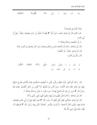 ‫ﺴ ﺮة ﻨﺒﻮﯾﺔ ﻟ ﻦ ھﺸ م‬
                                                                                                                                       ‫اﻟ ﱢﯿ َ ُ اﻟ ﱠ َ ِﱠ ُ ِﺎﺑْ ِ ِ َﺎ ٍ‬


         ‫‪‬ﺘ‪‬ﺤ‪ ‬ﻓ‪‬ﻴﻨ‪‬ﺎ‬
               ‫ﻣ ﺮ‬                     ‫ﹸ ‪‬ﻮﺭ‪‬ﻫ‪‬ﺎ‬
                                             ‫ﻇﻬ‬                 ‫ﻣ‪‬ﻨ‪‬ﺎﺓﹶ‬        ‫‪‬ﻮ‪‬ﱠﻰ‬
                                                                                ‫ﺗﻟ‬                ‫ﻟﹶﺎ‬        ‫ﻞ‬
                                                                                                             ‫ﻗﹶﺒ‪‬ﺎﺋ‪ ‬ﹸ‬                ‫ﺁﻟﹶﺖ‪‬‬             ‫ﻭ‪‬ﻗﹶﺪ‪‬‬




                                                                                                              ‫ﻭ‪‬ﻫ‪‬ﺬﹶﺍ ﺍﻟﹾﺒ‪‬ﻴ‪  ‬ﻓ‪‬ﻲ ﻗﹶﺼ‪‬ﻴﺪ‪‬ﺓ‪ ‬ﻟﹶ ‪.‬‬
                                                                                                               ‫ﻪ‬                  ‫ﺖ‬
‫ﺍﳉﺰﺀ ﺍﻷﻭﻝ ﻗﹶﺎﻝﹶ ﺍﺑ‪  ‬ﻫ‪‬ﺸ‪‬ﺎﻡﹴ: ﻓﹶﺒ‪‬ﻌ‪‬ﺚﹶ ﺭ‪ ‬ﻮ ﹸ ﺍﻟﱠﻪ‪ r ِ‬ﺇﻟﹶﻴ‪‬ﻬ‪‬ﺎ ﺃﹶﺑ‪‬ﺎ ‪‬ﻔﹾﻴ‪‬ﺎﻥﹶ ﺑ‪‬ﻦ‪ ‬ﺣ‪‬ﺮ‪‬ﺏﹴ ﻓﹶﻬ‪‬ﺪ‪‬ﻣ‪‬ﻬ‪‬ﺎ. ﻭ‪‬ﻘﹶﺎ ﹸ: ﻋ‪‬ﻠ‪  ‬ﺑ‪ ‬‬
‫ﻳ ﻝ ﻲ ﻦ‬                                               ‫ﺳ‬                     ‫ﺳﻝ ﻠ‬                          ‫ﻦ‬
                                                                                                                                                       ‫ﺃﹶﺑﹺﻲ ﻃﹶﺎﻟ‪‬ﺐﹴ.‬
                                                                                                  ‫& ﹸﻭ ﺍﻟﹾﺨ‪‬ﻠﹶﺼ‪‬ﺔ‪ ‬ﻭ‪‬ﺳ‪‬ﺪ‪‬ﻧ‪  ‬ﻭ‪‬ﻫ‪‬ﺪ‪#   ‬‬
                                                                                                    ‫ﺘﻪ ﻣﻪ‬                               ‫ﺫ‬
      ‫ﻗﹶﺎﻝﹶ ﺍﺑ‪  ‬ﺇﺳ‪‬ﺤ‪‬ﺎﻕ‪ :‬ﻭ‪‬ﻛﹶﺎﻥﹶ ﹸﻭ ﺍﻟﹾﺨ‪‬ﻠﹶﺼ‪‬ﺔ‪ ‬ﻟ‪‬ﺪ‪‬ﻭ‪‬ﺱﹴ ﻭ‪‬ﺧ‪‬ﹾﺜﻌ‪‬ﻢ‪ ‬ﻭ‪‬ﺑ‪‬ﺠﹺﻴﻠﹶﺔﹶ، ﻭ‪‬ﻣ‪‬ﻦ‪ ‬ﻛﹶﺎﻥﹶ ﺑﹺﺒﹺﻠﹶﺎﺩ‪‬ﻫ‪‬ﻢ‪ ‬ﻣ‪‬ﻦ‪ ‬ﺍﻟﹾﻌ‪‬ﺮ‪‬ﺏﹺ ﺑﹺﺘ‪‬ﺒ‪‬ﺎﻟﹶﺔﹶ.‬
                                                                                                           ‫ﺫ‬                   ‫ﻦ‬
                                                                                              ‫ﻗﹶﺎﻝﹶ ﺍﺑ‪  ‬ﻫ‪‬ﺸ‪‬ﺎﻡﹴ: ﻭ‪‬ﻘﹶﺎ ﹸ: ﹸﻭ ﺍﻟﹾ ‪‬ﹸﺼ‪‬ﺔ‪.‬‬
                                                                                                   ‫ﻳ ﻝ ﺫ ﺨﻠ‬                     ‫ﻦ‬
                                                                                                                            ‫ﻗﹶﺎﻝﹶ ﺭ‪  ‬ﹲ ﻣ‪‬ﻦ‪ ‬ﺍﻟﹾﻌ‪‬ﺮ‪‬ﺏﹺ:‬
                                                                                                                                            ‫ﺟﻞ‬
                                                                                                                                                                 ‫:‬
         ‫ﺍﻟﹾﻤ‪‬ﻘﹾ‪‬ﻮﺭ‪‬ﺍ‬
             ‫ﺒ‬                 ‫ﺷ‪‬ﻴ‪ ‬ﻚ‪‬‬
                                 ‫ﺨ‬              ‫ﻭ‪‬ﻛﹶﺎﻥﹶ‬       ‫ﻣ‪‬ﹾﺜﻠ‪‬ﻲ‬          ‫ﺍﻟﹾﻤ‪‬ﻮ‪‬ﻮﺭ‪‬ﺍ‬
                                                                                   ‫ﺗ‬              ‫ﺍﻟﹾ ‪‬ﹸﺺﹺ‬
                                                                                                    ‫ﺨﻠ‬                ‫ﺫﹶﺍ‬       ‫ﻳ‪‬ﺎ‬        ‫ﹸﻨ‪‬ﺖ‪‬‬
                                                                                                                                               ‫ﻛ‬          ‫ﻟﹶﻮ‪‬‬

                                                                               ‫‪‬ﻭﺭ‪‬ﺍ‬
                                                                                   ‫ﺯ‬          ‫ﺍﻟﹾ ‪‬ﺪ‪‬ﺍﺓ‪‬‬
                                                                                                   ‫ﻌ‬         ‫ﻗﹶﺘ‪‬ﻞﹺ‬            ‫ﻋ‪‬ﻦ‪‬‬           ‫ﺗ‪‬ﻨ‪‬ﻪ‪‬‬      ‫ﻟﹶﻢ‪‬‬




‫ﺴﻢ‬
‫ﻗﹶﺎﻝﹶ: ﻭ‪‬ﻛﹶﺎﻥﹶ ﺃﹶ‪‬ﻮ ‪ ‬ﹸﺘ‪‬ﻞﹶ، ﻓﹶﺄﹶﺭ‪‬ﺍﺩ‪ ‬ﺍﻟ ﱠﻠﹶﺐ‪ ‬ﺑﹺﺜﹶﺄﹾﺭﹺﻩ‪ ،‬ﻓﹶﺄﺗ‪‬ﻰ ﺫﹶﺍ ﺍﻟﹾﺨ‪‬ﻠﹶﺼ‪‬ﺔ‪ ،‬ﻓﹶﺎﺳ‪‬ﺘ‪‬ﻘﹾﺴ‪‬ﻢ‪ ‬ﻋ‪‬ﻨ‪‬ﺪ‪  ‬ﺑﹺﺎﻟﹾﺄﺯ‪‬ﻟﹶﺎﻡﹺ، ﻓﹶﺨ‪‬ﺮ‪‬ﺝ‪ ‬ﺍﻟ ‪‬ﻬ‪ ‬‬
                          ‫ﻩ ﹶ‬                                               ‫ﹶ‬                   ‫ﻄ‬                   ‫ﺑﻩﻗ‬
‫ﺑﹺﻨ‪‬ﻬ‪‬ﻴﹺﻪ‪ ‬ﻋ‪‬ﻦ‪ ‬ﺫﹶﻟ‪‬ﻚ‪ ،‬ﻓﹶﻘﹶﺎﻝﹶ ﻫ‪‬ﺬ‪‬ﻩ‪ ‬ﺍﻟﹾﺄﹶﺑ‪‬ﻴ‪‬ﺎﺕ‪ .‬ﻭ‪‬ﻣ‪‬ﻦ‪ ‬ﺍﻟ‪‬ﺎﺱﹺ ﻣ‪‬ﻦ‪ ‬ﻨ‪‬ﺤ‪‬ﹸﻬ‪‬ﺎ ﺍﻣ‪‬ﺮ‪‬ﺃﹶ ﺍﻟﹾﻘﹶﻴ‪‬ﺲﹺ ﺑ‪‬ﻦﹺ ‪‬ﺠ‪‬ﺮﹴ ﺍﻟﹾﻜ‪‬ﻨ‪‬ﺪ‪ . ‬ﻓﹶﺒ‪‬ﻌ‪‬ﺚﹶ ﺇﻟﹶﻴ‪‬ﻪ‪‬‬
                  ‫ﻱ‬               ‫ﺣ‬                           ‫ﻳ ﻠ‬            ‫ﻨ‬
                         ‫ﺭ‪ ‬ﻮ ﹸ ﺍﻟﱠﻪ‪ r ِ‬ﺟ‪‬ﺮﹺﻳﺮ‪ ‬ﺑ‪‬ﻦ‪ ‬ﻋ‪‬ﺒ‪‬ﺪ‪ ‬ﺍﻟﱠﻪ‪ ‬ﺍﻟﹾﺒ‪‬ﺠ‪‬ﻠ‪  ‬ﻓﹶﻬ‪‬ﺪ‪‬ﻣ‪ . ‬ﺍﳉﺰﺀ ﺍﻷﻭﻝ & ﻓ‪‬ﻠﹾ ‪ ‬ﻭ‪‬ﺳ‪‬ﺪ‪‬ﻧ‪  ‬ﻭ‪‬ﻫ‪‬ﺪ‪#   ‬‬
                           ‫ﺘﻪ ﻣﻪ‬                  ‫ﺲ‬                   ‫ﻪ‬          ‫ﻲ‬             ‫ﻠ‬                            ‫ﺳﻝ ﻠ‬
                               ‫ﻗﹶﺎﻝﹶ ﺍﺑ‪  ‬ﺇﺳ‪‬ﺤ‪‬ﺎﻕ‪ :‬ﻭ‪‬ﻛﹶﺎﻧ‪‬ﺖ‪ ‬ﻓ‪‬ﻠﹾ ‪ ‬ﻟ‪‬ﻄﹶ‪‬ﺊ‪ ‬ﻭ‪‬ﻣ‪‬ﻦ‪ ‬ﻳ‪‬ﻠ‪‬ﻴﻬ‪‬ﺎ ﺑﹺﺠ‪‬ﺒ‪‬ﻠﹶﻲ‪ ‬ﻃﹶ‪‬ﺊ‪ ،‬ﻳ‪‬ﻌ‪‬ﻨﹺﻲ ﺳ‪‬ﻠﹾﻤ‪‬ﻰ ﻭ‪‬ﺃﹶﺟ‪‬ﺄﹶ.‬
                                                            ‫ﻴ‬                                ‫ﺲ ﻴ‬                              ‫ﻦ‬
‫ﻗﹶﺎﻝﹶ ﺍﺑ‪  ‬ﻫ‪‬ﺸ‪‬ﺎﻡﹴ: ﻓﹶﺤ‪ ‬ﺛﹶﻨﹺﻲ ﺑ‪‬ﻌ‪  ‬ﺃﹶﻫ‪‬ﻞﹺ ﺍﻟﹾﻌ‪‬ﻠﹾﻢﹺ ﺃﹶ ﱠ ﺭ‪ ‬ﻮﻝﹶ ﺍﻟﱠﻪ‪ r ِ‬ﺑ‪‬ﻌ‪‬ﺚﹶ ﺇﻟﹶﻴ‪‬ﻬ‪‬ﺎ ﻋ‪‬ﻠ‪  ‬ﺑ‪‬ﻦ‪ ‬ﺃﹶﺑﹺﻲ ﻃﹶﺎﻟ‪‬ﺐﹴ ﻓﹶﻬ‪‬ﺪ‪‬ﻣ‪‬ﻬ‪‬ﺎ،‬
                                ‫ﻲ‬                           ‫ﻥ ﺳ ﻠ‬                             ‫ﺾ‬           ‫ﺪ‬               ‫ﻦ‬
‫ﻓﹶﻮ‪‬ﺟ‪‬ﺪ‪ ‬ﻓ‪‬ﻴﻬ‪‬ﺎ ﺳ‪‬ﻴ‪‬ﻔﻴ‪‬ﻦﹺ، ‪‬ﻘﹶﺎ ﹸ ﻟ‪‬ﺄﺣ‪‬ﺪ‪‬ﻫ‪‬ﻤ‪‬ﺎ: ﺍﻟ ‪ ‬ﻮ ‪ ،‬ﻭ‪‬ﻟ‪‬ﻠﹾﺂﺧ‪‬ﺮﹺ: ﺍﻟﹾﻤ‪‬ﺨ‪‬ﺬﹶ ‪ .‬ﻓﹶﺄﹶﺗ‪‬ﻰ ﺑﹺﻬﹺﻤ‪‬ﺎ ﺭ‪ ‬ﻮﻝﹶ ﺍﻟﱠﻪ‪ r ِ‬ﻓﹶﻮ‪‬ﻫ‪‬ﺒ‪ ‬ﻤ‪‬ﺎ ﻟﹶ ‪،‬‬
 ‫ﻬ ﻪ‬                     ‫ﺳ ﻠ‬                          ‫ﻡ‬                         ‫ﺮﺳ ﺏ‬                ‫ﹶ ﻳ ﻝ ﹶ‬
                                                                                                             ‫ﻓﹶ ‪‬ﻤ‪‬ﺎ ﺳ‪‬ﻴ‪‬ﻔﹶﺎ ﻋ‪‬ﻠ‪  ‬ﺭ‪‬ﺿ‪‬ﻲ‪ ‬ﺍﻟﱠ ُ ﻋ‪‬ﻨ‪. ‬‬
                                                                                                              ‫ﻠ‪ ‬ﻪ‬   ‫ﻪ‬            ‫ﻲ‬                 ‫ﻬ‬


                                                                          ‫27‬
 