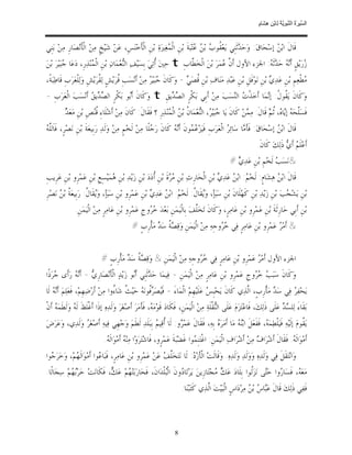 ‫ﺴ ﺮة ﻨﺒﻮﯾﺔ ﻟ ﻦ ھﺸ م‬
                                                                                                                            ‫اﻟ ﱢﯿ َ ُ اﻟ ﱠ َ ِﱠ ُ ِﺎﺑْ ِ ِ َﺎ ٍ‬


‫ﻗﹶﺎﻝﹶ ﺍﺑ‪  ‬ﺇﺳ‪‬ﺤ‪‬ﺎﻕ‪ :‬ﻭ‪‬ﺣ‪ ‬ﹶﺛﻨﹺﻲ ﻳ‪‬ﻌ‪ ‬ﹸﻮ ‪ ‬ﺑ‪  ‬ﺘ‪‬ﺒ‪‬ﺔﹶ ﺑ‪‬ﻦﹺ ﺍﻟﹾ ‪‬ﻐ‪‬ﲑ‪‬ﺓ‪ ‬ﺑ‪‬ﻦﹺ ﺍﻟﹾﺄﹶﺧ‪‬ﻨ‪‬ﺲﹺ، ﻋ‪‬ﻦ‪ ‬ﺷ‪‬ﻴ‪‬ﺦﹴ ﻣ‪‬ﻦ‪ ‬ﺍﻟﹾﺄﹶﻧ‪‬ﺼ‪‬ﺎﺭﹺ ﻣ‪‬ﻦ‪ ‬ﺑ‪‬ﻨﹺﻲ‬
                                                                 ‫ﻤ‬                ‫ﻘﺏ ﻦﻋ‬                 ‫ﺪ‬                ‫ﻦ‬
‫‪‬ﺭ‪‬ﻳ‪‬ﻖﹴ ﺃﹶ‪  ‬ﺣ‪ ‬ﺛﹶ ‪ :‬ﺍﳉﺰﺀ ﺍﻷﻭﻝ ﺃﹶ ﱠ ‪‬ﻤ‪‬ﺮ‪ ‬ﺑ‪‬ﻦ‪ ‬ﺍﻟﹾﺨ‪ ‬ﱠﺎﺏﹺ ‪ t‬ﺣ‪‬ﲔ‪ ‬ﹸﺗ‪‬ﻲ‪ ‬ﺑﹺﺴ‪‬ﻴ‪‬ﻒ‪ ‬ﺍﻟ‪‬ﻌ‪‬ﻤ‪‬ﺎﻥ‪ ‬ﺑ‪‬ﻦﹺ ﺍﻟﹾ ‪‬ﻨ‪‬ﺬ‪‬ﺭﹺ، ﺩ‪‬ﻋ‪‬ﺎ ‪‬ﺒ‪‬ﻴ‪‬ﺮ‪ ‬ﺑ‪‬ﻦ‪‬‬
           ‫ﺟ‬              ‫ﻤ‬                 ‫ﻨ‬                ‫ﺃ‬           ‫ﻄ‬                ‫ﻥﻋ‬                ‫ﺯ ﻧﻪ ﺪ ﻪ‬
‫‪‬ﻄﹾﻌ‪‬ﻢﹺ ﺑ‪‬ﻦﹺ ﻋ‪‬ﺪ‪  ‬ﺑ‪‬ﻦﹺ ﻧ‪‬ﻮ‪‬ﻓﹶﻞﹺ ﺑ‪‬ﻦﹺ ﻋ‪‬ﺒ‪‬ﺪ‪ ‬ﻣ‪‬ﻨ‪‬ﺎﻑ‪ ‬ﺑ‪‬ﻦﹺ ﹸﺼ‪ -  ‬ﻭ‪‬ﻛﹶﺎﻥﹶ ‪‬ﺒ‪‬ﻴ‪  ‬ﻣ‪‬ﻦ‪ ‬ﺃﹶﻧ‪‬ﺴ‪‬ﺐﹺ ﹸﺮ‪‬ﻳ‪‬ﺶﹴ ﻟ‪ ‬ﹸﺮ‪‬ﻳ‪‬ﺶﹺ ﻭ‪‬ﻟ‪‬ﻠﹾﻌ‪‬ﺮ‪‬ﺏﹺ ﻗﹶﺎﻃ‪‬ﺒ‪‬ﺔﹰ،‬
                              ‫ﻘ‬          ‫ﻗ‬               ‫ﺟﺮ‬                ‫ﻗ ﻲ‬                                          ‫ﻱ‬                 ‫ﻣ‬
‫ﻭ‪‬ﻛﹶﺎﻥﹶ ﻳ‪ ‬ﹸﻮ ﹸ: ﺇ‪‬ﻤ‪‬ﺎ ﺃﹶﺧ‪‬ﺬﹾ ‪ ‬ﺍﻟ‪‬ﺴ‪‬ﺐ‪ ‬ﻣ‪‬ﻦ‪ ‬ﺃﹶﺑﹺﻲ ﺑ‪‬ﻜﹾﺮﹴ ﺍﻟ ‪ ‬ﻳﻖﹺ ‪ t‬ﻭ‪‬ﻛﹶﺎﻥﹶ ﺃﹶ‪‬ﻮ ﺑ‪‬ﻜﹾﺮﹴ ﺍﻟ ‪ ‬ﻳ ‪ ‬ﺃﹶﻧ‪‬ﺴ‪‬ﺐ‪ ‬ﺍﻟﹾﻌ‪‬ﺮ‪‬ﺏﹺ -‬
                     ‫ﺼﺪ ﻖ‬              ‫ﺑ‬                ‫ﺼﺪ‬                           ‫ﺕ ﻨ‬             ‫ﻘﻝ ﻧ‬
         ‫ﻓﹶﺴ‪‬ﱠﺤ‪  ‬ﺇ‪‬ﺎ ‪ ،‬ﹸ ‪ ‬ﻗﹶﺎﻝﹶ: ﻣ‪ ‬ﻦ‪ ‬ﻛﹶﺎﻥﹶ ﻳ‪‬ﺎ ‪‬ﺒ‪‬ﻴ‪ ، ‬ﺍﻟ‪‬ﻌ‪‬ﻤ‪‬ﺎ ﹸ ﺑ‪  ‬ﺍﻟﹾ ‪‬ﻨ‪‬ﺬ‪‬ﺭﹺ ؟ ﻓﹶﻘﹶﺎﻝﹶ: ﻛﹶﺎﻥﹶ ﻣ‪‬ﻦ‪ ‬ﺃﹶﺷ‪‬ﻠﹶﺎﺀِ ﹸ‪‬ﺺﹺ ﺑ‪‬ﻦﹺ ﻣ‪‬ﻌ‪. ‬‬
          ‫ﺪ‬             ‫ﻗﻨ‬                                       ‫ﺟﺮ ﻨ ﻥ ﻦ ﻤ‬                                 ‫ﻤ‬           ‫ﻠ ﻪ ﻳ ﻩ ﺛﻢ‬
‫ﻠﻪ‬
‫ﻗﹶﺎﻝﹶ ﺍﺑ‪  ‬ﺇﺳ‪‬ﺤ‪‬ﺎﻕ‪ :‬ﻓﹶﺄﹶ ‪‬ﺎ ﺳ‪‬ﺎﺋ‪  ‬ﺍﻟﹾﻌ‪‬ﺮ‪‬ﺏﹺ ﻓﹶﻴ‪‬ﺰ‪  ‬ﻮﻥﹶ ﺃﹶ‪  ‬ﻛﹶﺎﻥﹶ ﺭ‪ ‬ﻠﹰﺎ ﻣ‪‬ﻦ‪ ‬ﻟﹶﺨ‪‬ﻢﹴ ﻣ‪‬ﻦ‪ ‬ﻭ‪‬ﻟﹶﺪ‪ ‬ﺭ‪‬ﺑﹺﻴﻌ‪‬ﺔﹶ ﺑ‪‬ﻦﹺ ﻧ‪‬ﺼ‪‬ﺮﹴ، ﻓﹶﺎﹶﻟﱠ ‪‬‬
                                                           ‫ﺟ‬          ‫ﻋ ﻤ ﻧﻪ‬                        ‫ﻣ ﺮ‬                       ‫ﻦ‬
                                                                                                                           ‫ﺃﹶﻋ‪‬ﻠﹶ ‪ ‬ﺃﹶ ‪ ‬ﺫﹶﻟ‪‬ﻚ‪ ‬ﻛﹶﺎﻥﹶ.‬
                                                                                                                                         ‫ﻢ ﻱ‬
                                                                                                           ‫&ﻧ‪‬ﺴ‪  ‬ﻟﹶﺨ‪‬ﻢﹺ ﺑ‪‬ﻦﹺ ﻋ‪‬ﺪ‪#  ‬‬
                                                                                                             ‫ﻱ‬                  ‫ﺐ‬
‫ﻗﹶﺎﻝﹶ ﺍﺑ‪  ‬ﻫ‪‬ﺸ‪‬ﺎﻡﹴ: ﻟﹶﺨ‪ : ‬ﺍﺑ‪  ‬ﻋ‪‬ﺪ‪  ‬ﺑ‪‬ﻦﹺ ﺍﻟﹾﺤ‪‬ﺎﺭﹺﺙ‪ ‬ﺑ‪‬ﻦﹺ ‪ ‬ﺓﹶ ﺑ‪‬ﻦﹺ ﹸﺩ‪‬ﺩ‪ ‬ﺑ‪‬ﻦﹺ ﺯ‪‬ﻳ‪‬ﺪ‪ ‬ﺑ‪‬ﻦﹺ ‪‬ﻤ‪‬ﻴ‪‬ﺴِﻊﹺ ﺑ‪‬ﻦﹺ ﻋ‪‬ﻤ‪‬ﺮﹺﻭ ﺑ‪‬ﻦﹺ ﻋ‪‬ﺮﹺﻳﺐﹺ‬
                                  ‫ﻫ‬                      ‫ﻣﺮ ﺃ‬                              ‫ﻢ ﻦ ﻱ‬                         ‫ﻦ‬
‫ﺑ‪‬ﻦﹺ ﻳ‪‬ﺸ‪ ‬ﺐ‪ ‬ﺑ‪‬ﻦﹺ ﺯ‪‬ﻳ‪‬ﺪ‪ ‬ﺑ‪‬ﻦﹺ ﻛﹶﻬ‪‬ﻠﹶﺎﻥﹶ ﺑ‪‬ﻦﹺ ﺳ‪‬ﺒ‪‬ﺄ‪ ،‬ﻭ‪‬ﻘﹶﺎ ﹸ: ﻟﹶﺨ‪ : ‬ﺍﺑ‪  ‬ﻋ‪‬ﺪ‪  ‬ﺑ‪‬ﻦﹺ ﻋ‪‬ﻤ‪‬ﺮﹺﻭ ﺑ‪‬ﻦﹺ ﺳ‪‬ﺒ‪‬ﺄ‪ ،‬ﻭ‪‬ﻘﹶﺎ ﹸ: ﺭ‪‬ﺑﹺﻴﻌ‪ ‬ﹸ ﺑ‪  ‬ﻧ‪‬ﺼ‪‬ﺮﹺ‬
       ‫ﺔ ﻦ‬             ‫ﻳ ﻝ‬                                ‫ﻳ ﻝ ﻢ ﻦ ﻱ‬                                                                ‫ﺠ‬
                ‫ﺑ‪‬ﻦﹺ ﺃﹶﺑﹺﻲ ﺣ‪‬ﺎﺭﹺﺛﹶﺔﹶ ﺑ‪‬ﻦﹺ ﻋ‪‬ﻤ‪‬ﺮﹺﻭ ﺑ‪‬ﻦﹺ ﻋ‪‬ﺎﻣ‪‬ﺮﹴ، ﻭ‪‬ﻛﹶﺎﻥﹶ ﺗ‪‬ﺨ‪‬ﱠﻒ‪ ‬ﺑﹺﺎﻟﹾﻴ‪‬ﻤ‪‬ﻦﹺ ﺑ‪‬ﻌ‪‬ﺪ‪  ‬ﻭﺝﹺ ﻋ‪‬ﻤ‪‬ﺮﹺﻭ ﺑ‪‬ﻦﹺ ﻋ‪‬ﺎﻣ‪‬ﺮﹴ ﻣ‪‬ﻦ‪ ‬ﺍﻟﹾﻴ‪‬ﻤ‪‬ﻦﹺ.‬
                                                        ‫ﺧﺮ‬                       ‫ﻠ‬
                                                  ‫& ﺃﹶﻣ‪  ‬ﻋ‪‬ﻤ‪‬ﺮﹺﻭ ﺑ‪‬ﻦﹺ ﻋ‪‬ﺎﻣ‪‬ﺮﹴ ﻓ‪‬ﻲ ‪ ‬ﻭﺟﹺﻪ‪ ‬ﻣ‪‬ﻦ‪ ‬ﺍﻟﹾﻴ‪‬ﻤ‪‬ﻦﹺ ﻭ‪‬ﻗ‪  ‬ﹸ ﺳ‪  ‬ﻣ‪‬ﺄﹾﺭﹺﺏﹴ #‬
                                                             ‫ﺼﺔ ﺪ‬                              ‫ﺧﺮ‬                           ‫ﺮ‬


                                ‫ﺍﳉﺰﺀ ﺍﻷﻭﻝ ﺃﹶﻣ‪  ‬ﻋ‪‬ﻤ‪‬ﺮﹺﻭ ﺑ‪‬ﻦﹺ ﻋ‪‬ﺎﻣ‪‬ﺮﹴ ﻓ‪‬ﻲ ‪ ‬ﻭﺟﹺﻪ‪ ‬ﻣ‪‬ﻦ‪ ‬ﺍﻟﹾﻴ‪‬ﻤ‪‬ﻦﹺ & ﻭ‪‬ﻗ‪  ‬ﹸ ﺳ‪  ‬ﻣ‪‬ﺄﹾﺭﹺﺏﹴ #‬
                                           ‫ﺼﺔ ﺪ‬                                ‫ﺧﺮ‬                           ‫ﺮ‬
‫ﻭ‪‬ﻛﹶﺎﻥﹶ ﺳ‪‬ﺒ‪   ‬ﻭﺝﹺ ﻋ‪‬ﻤ‪‬ﺮﹺﻭ ﺑ‪‬ﻦﹺ ﻋ‪‬ﺎﻣ‪‬ﺮﹴ ﻣ‪‬ﻦ‪ ‬ﺍﻟﹾﻴ‪‬ﻤ‪‬ﻦﹺ - ﻓ‪‬ﻴﻤ‪‬ﺎ ﺣ‪ ‬ﺛﹶﻨﹺﻲ ﺃﹶ‪‬ﻮ ﺯ‪‬ﻳ‪‬ﺪ‪ ‬ﺍﻟﹾﺄﹶﻧ‪‬ﺼ‪‬ﺎﺭﹺ ‪ - ‬ﺃﹶ‪  ‬ﺭ‪‬ﺃﹶﻯ ‪‬ﺮ‪‬ﺫﹰﺍ‬
     ‫ﺟ‬       ‫ﻱ ﻧﻪ‬                           ‫ﺪ ﺑ‬                                                           ‫ﺐ ﺧﺮ‬
‫ﻳ‪‬ﺤ‪‬ﻔ‪  ‬ﻓ‪‬ﻲ ﺳ‪  ‬ﻣ‪‬ﺄﹾﺭﹺﺏﹴ، ﺍﱠﺬ‪‬ﻱ ﻛﹶﺎﻥﹶ ﻳ‪‬ﺤ‪‬ﺒﹺ ‪ ‬ﻋ‪‬ﻠﹶﻴ‪‬ﻬﹺﻢ‪ ‬ﺍﻟﹾﻤ‪‬ﺎﺀَ - ﻓﹶ‪‬ﺼ‪ ‬ﹸﻮﻧ‪  ‬ﺣ‪‬ﻴ‪ ‬ﹸ ﺷ‪‬ﺎ ُﻭﺍ ﻣ‪‬ﻦ‪ ‬ﺃﹶﺭ‪‬ﺿﻬﹺﻢ‪ ،‬ﻓﹶﻌ‪‬ﻠ‪‬ﻢ‪ ‬ﺃﹶ‪  ‬ﻟﹶﺎ‬
    ‫ﻧﻪ‬                  ‫‪‬‬            ‫ﻴ ﺮﻓ ﻪ ﺚ ﺀ‬                                       ‫ﺲ‬                 ‫ﻟ‬            ‫ﺪ‬        ‫ﺮ‬
‫ﺑ‪‬ﻘﹶﺎﺀَ ﻟ‪‬ﻠ ‪  ‬ﻋ‪‬ﻠﹶﻰ ﺫﹶﻟ‪‬ﻚ‪ ،‬ﻓﹶﺎﻋ‪‬ﺘ‪‬ﺰ‪‬ﻡ‪ ‬ﻋ‪‬ﻠﹶﻰ ﺍﻟ‪‬ﻘﹾﻠﹶﺔ‪ ‬ﻣ‪‬ﻦ‪ ‬ﺍﻟﹾﻴ‪‬ﻤ‪‬ﻦﹺ، ﻓﹶﻜﹶﺎﺩ‪ ‬ﻗﹶﻮ‪‬ﻣ‪ ، ‬ﻓﹶﺄﹶﻣ‪‬ﺮ‪ ‬ﺃﹶﺻ‪‬ﻐ‪‬ﺮ‪ ‬ﻭ‪‬ﻟﹶﺪ‪‬ﻩ‪ ‬ﺇﺫﹶﺍ ﺃﹶﻏﹾﻠﹶﻆﹶ ﻟﹶ ‪ ‬ﻭ‪‬ﻟﹶﻄﹶﻤ‪  ‬ﺃﹶﻥﹾ‬
     ‫ﻪ‬          ‫ﻪ‬                                              ‫ﻪ‬                                      ‫ﻨ‬                                   ‫ﺴﺪ‬
‫ﻳ‪ ‬ﹸﻮﻡ‪ ‬ﺇﻟﹶﻴ‪‬ﻪ‪ ‬ﻓﹶﻴ‪‬ﻠﹾﻄ‪‬ﻤ‪ ، ‬ﻓﹶﻔﻌ‪‬ﻞﹶ ﺍﺑ‪  ‬ﻣ‪‬ﺎ ﺃﹶﻣ‪‬ﺮ‪  ‬ﺑﹺﻪ‪ ،‬ﻓﹶﻘﹶﺎﻝﹶ ﻋ‪‬ﻤ‪ ‬ﻭ: ﻟﹶﺎ ﹸﻗ‪‬ﻴ ‪ ‬ﺑﹺﺒ‪‬ﻠﹶﺪ‪ ‬ﻟﹶﻄﹶﻢ‪ ‬ﻭ‪‬ﺟ‪‬ﻬﹺﻲ ﻓ‪‬ﻴﻪ‪ ‬ﺃﹶﺻ‪‬ﻐ‪  ‬ﻭ‪‬ﻟﹶﺪ‪‬ﻱ، ﻭ‪‬ﻋ‪‬ﺮ‪‬ﺽ‪‬‬
                  ‫ﺮ‬                                      ‫ﺃ ﻢ‬          ‫ﺮ‬                    ‫ﻩ‬            ‫ﻪ ﹶ ﻨﻪ‬                                  ‫ﻘ‬
                                  ‫ﺃﹶﻣ‪‬ﻮ‪‬ﺍﻟﹶ ‪ .‬ﻓﹶﻘﹶﺎﻝﹶ ﺃﹶﺷ‪‬ﺮ‪‬ﺍ ‪ ‬ﻣ‪‬ﻦ‪ ‬ﺃﹶﺷ‪‬ﺮ‪‬ﺍﻑ‪ ‬ﺍﻟﹾﻴ‪‬ﻤ‪‬ﻦﹺ: ﺍﻏﹾﺘ‪‬ﻨﹺ ‪‬ﻮﺍ ﻏﹶﻀ‪‬ﺒ‪‬ﺔﹶ ﻋ‪‬ﻤ‪‬ﺮﹴﻭ، ﻓﹶﺎﺷ‪‬ﺘ‪‬ﺮ‪‬ﻭ‪‬ﺍ ﻣ‪‬ﻨ‪  ‬ﺃﹶﻣ‪‬ﻮ‪‬ﺍﻟﹶ ‪.‬‬
                                   ‫ﻪ ﻪ‬                                                 ‫ﻤ‬                                   ‫ﻑ‬                  ‫ﻪ‬
‫ﻭ‪‬ﺍﻧ‪‬ﺘ‪‬ﻘﹶﻞﹶ ﻓ‪‬ﻲ ﻭ‪‬ﻟﹶﺪ‪‬ﻩ‪ ‬ﻭ‪‬ﻭ‪‬ﻟﹶﺪ‪ ‬ﻭ‪‬ﻟﹶﺪ‪‬ﻩ‪ .‬ﻭ‪‬ﻗﹶﺎﻟﹶﺖ‪ ‬ﺍﻟﹾﺄﹶﺯ‪ : ‬ﻟﹶﺎ ﻧ‪‬ﺘ‪‬ﺨ‪‬ﱠ ‪ ‬ﻋ‪‬ﻦ‪ ‬ﻋ‪‬ﻤ‪‬ﺮﹺﻭ ﺑ‪‬ﻦﹺ ﻋ‪‬ﺎﻣ‪‬ﺮﹴ، ﻓﹶﺒ‪‬ﺎ ‪‬ﻮﺍ ﺃﹶﻣ‪‬ﻮ‪‬ﺍﻟﹶ ‪‬ﻢ‪ ،‬ﻭ‪‬ﺧ‪‬ﺮ‪ ‬ﻮﺍ‬
  ‫ﺟ‬           ‫ﻬ‬             ‫ﻋ‬                                  ‫ﻠﻒ‬             ‫ﺩ‬
‫ﻣ‪‬ﻌ‪ ، ‬ﻓﹶﺴ‪‬ﺎ ‪‬ﻭﺍ ﺣ‪‬ﻰ ﻧ‪‬ﺰ‪‬ﹸﻮﺍ ﺑﹺﻠﹶﺎﺩ‪ ‬ﻋ‪  ‬ﺠ‪‬ﺘ‪‬ﺎﺯﹺﻳﻦ‪ ‬ﻳ‪‬ﺮ‪‬ﺗ‪‬ﺎ ‪‬ﻭﻥﹶ ﺍﻟﹾ‪‬ﻠﹾﺪ‪‬ﺍﻥﹶ، ﻓﹶﺤ‪‬ﺎﺭ‪‬ﺑ‪‬ﺘ‪ ‬ﻢ‪ ‬ﻋ‪ ، ‬ﻓﹶﻜﹶﺎﻧ‪‬ﺖ‪ ‬ﺣ‪‬ﺮ‪ ‬ﻢ‪ ‬ﺳ‪‬ﺠ‪‬ﺎﻟﹰﺎ.‬
            ‫ﺑﻬ‬                 ‫ﻬ ﻚ‬                          ‫ﺩ ﺒ‬                         ‫ﻚﻣ‬               ‫ﺭ ﺘ ﻟ‬                 ‫ﻪ‬
                                                                               ‫ﻓﹶﻔ‪‬ﻲ ﺫﹶﻟ‪‬ﻚ‪ ‬ﻗﹶﺎﻝﹶ ﻋ‪‬ﺎ ‪ ‬ﺑ‪  ‬ﻣ‪‬ﺮ‪‬ﺩ‪‬ﺍﺱﹴ ﺍﻟﹾﺒ‪‬ﻴ‪‬ﺖ‪ ‬ﺍﱠﺬ‪‬ﻱ ﻛﹶﺘ‪‬ﺒ‪‬ﻨ‪‬ﺎ.‬
                                                                                             ‫ﻟ‬                      ‫ﺒﺱ ﻦ‬



                                                                           ‫8‬
 