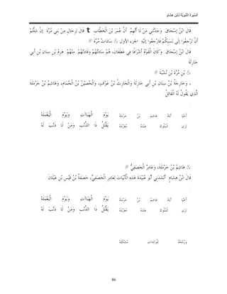 ‫ﺴ ﺮة ﻨﺒﻮﯾﺔ ﻟ ﻦ ھﺸ م‬
                                                                                                                                        ‫اﻟ ﱢﯿ َ ُ اﻟ ﱠ َ ِﱠ ُ ِﺎﺑْ ِ ِ َﺎ ٍ‬


‫ﻗﹶﺎﻝﹶ ﺍﺑ‪  ‬ﺇﺳ‪‬ﺤ‪‬ﺎﻕ‪ :‬ﻭ‪‬ﺣ‪ ‬ﺛﹶﻨﹺﻲ ﻣ‪‬ﻦ‪ ‬ﻟﹶﺎ ﺃﹶ‪‬ﻬﹺ ‪ :‬ﺃﹶ ﱠ ‪‬ﻤ‪‬ﺮ‪ ‬ﺑ‪‬ﻦ‪ ‬ﺍﻟﹾﺨ‪ ‬ﱠﺎﺏﹺ ‪ t‬ﻗﹶﺎﻝﹶ ﻟ‪‬ﺮﹺﺟ‪‬ﺎﻝﹺ ﻣ‪‬ﻦ‪ ‬ﺑ‪‬ﻨﹺﻲ ‪ ‬ﺓﹶ: ﺇﻥﹾ ﺷ‪‬ﺌﹾ‪‬ﻢ‪‬‬
  ‫ﺘ‬            ‫ﻣﺮ‬                                  ‫ﻄ‬                ‫ﺗﻢ ﻥﻋ‬                         ‫ﺪ‬                ‫ﻦ‬
                                                   ‫ﺃﹶﻥﹾ ﺗ‪‬ﺮ‪‬ﺟﹺ ‪‬ﻮﺍ ﺇﻟﹶﻰ ﻧ‪‬ﺴ‪‬ﺒﹺ ﹸﻢ‪ ‬ﻓﹶﺎﺭ‪‬ﺟﹺ ‪‬ﻮﺍ ﺇﻟﹶﻴ‪‬ﻪ‪ .‬ﺍﳉﺰﺀ ﺍﻷﻭﻝ & ﺳ‪‬ﺎﺩ‪‬ﺍ ‪  ‬ﺓﹶ #‬
                                                       ‫ﺕ ﻣﺮ‬                                ‫ﻌ‬           ‫ﻜ‬               ‫ﻌ‬
‫ﻗﹶﺎﻝﹶ ﺍﺑ‪  ‬ﺇﺳ‪‬ﺤ‪‬ﺎﻕ‪ :‬ﻭ‪‬ﻛﹶﺎﻥﹶ ﺍﻟﹾﻘﹶﻮ‪  ‬ﺃﹶﺷ‪‬ﺮ‪‬ﺍﻓﹰﺎ ﻓ‪‬ﻲ ﻏﹶﻄﹶﻔﹶﺎﻥﹶ، ‪‬ﻢ‪ ‬ﺳ‪‬ﺎﺩ‪ ‬ﻢ‪ ‬ﻭ‪‬ﻗﹶﺎﺩ‪‬ﺗ‪ ‬ﻢ‪ .‬ﻣ‪‬ﻨ‪ ‬ﻢ‪ :‬ﻫ‪‬ﺮﹺ ‪ ‬ﺑ‪‬ﻦﹺ ﺳ‪‬ﻨ‪‬ﺎﻥ‪ ‬ﺑ‪‬ﻦﹺ ﺃﹶﺑﹺﻲ‬
                        ‫ﻡ‬         ‫ﻬ ﻬ‬                     ‫ﺗﻬ‬         ‫ﻫ‬                           ‫ﻡ‬                           ‫ﻦ‬
                                                                                                                                                                  ‫ﺣ‪‬ﺎﺭﹺﺛﹶﺔﹶ‬
                                                                                                                        ‫& ﺑ‪‬ﻦﹺ ‪ ‬ﺓﹶ ﺑ‪‬ﻦﹺ ‪‬ﺸ‪‬ﺒ‪‬ﺔﹶ #‬
                                                                                                                                ‫ﻣﺮ ﻧ‬
‫، ﻭ‪‬ﺧ‪‬ﺎﺭﹺﺟ‪ ‬ﹸ ﺑ‪  ‬ﺳ‪‬ﻨ‪‬ﺎﻥ‪ ‬ﺑ‪‬ﻦﹺ ﺃﹶﺑﹺﻲ ﺣ‪‬ﺎﺭﹺﺛﹶﺔﹶ ﻭ‪‬ﺍﻟﹾﺤ‪‬ﺎﺭﹺ ﹸ ﺑ‪  ‬ﻋ‪‬ﻮ‪‬ﻑ‪ ،‬ﻭ‪‬ﺍﻟﹾ ‪‬ﺼ‪‬ﻴ‪  ‬ﺑ‪  ‬ﺍﻟﹾ ‪‬ﻤ‪‬ﺎﻡﹺ، ﻭ‪‬ﻫ‪‬ﺎﺷ‪  ‬ﺑ‪  ‬ﺣ‪‬ﺮ‪‬ﻣ‪‬ﻠﹶﺔﹶ‬
           ‫ﻢ ﻦ‬                  ‫ﺤ ﻦ ﻦ ﺤ‬                          ‫ﺙ ﻦ‬                                            ‫ﺔ ﻦ‬
                                                                                                                                     ‫ﺍﱠﺬ‪‬ﻱ ﻳ‪ ‬ﹸﻮ ﹸ ﻟﹶ ‪ ‬ﺍﻟﹾﻘﹶﺎ‪‬ﺋ ﹸ:‬
                                                                                                                                      ‫ﻟ ﻘﻝ ﻪ ﻞ‬
                                                                                                                                                                  ‫:‬
         ‫ﺍﻟﹾﻴ‪‬ﻌ‪‬ﻤ‪‬ﻠﹶﻪ‪‬‬      ‫ﻭ‪‬ﻳ‪‬ﻮ‪‬ﻡ‪‬‬        ‫ﺍﻟﹾﻬ‪‬ﺒ‪‬ﺎﺁﺕ‪‬‬         ‫ﻳ‪‬ﻮ‪‬ﻡ‪‬‬        ‫ﻪ‬
                                                                              ‫ﺣ‪‬ﺮ‪‬ﻣ‪‬ﻠﹶ ‪‬‬      ‫ﻦ‬
                                                                                              ‫ﺑ‪ ‬‬                 ‫ﻫ‪‬ﺎﺷ‪‬ﻢ‪‬‬               ‫ﻩ‬
                                                                                                                                         ‫ﺃﹶﺑ‪‬ﺎ ‪‬‬        ‫ﺃﹶﺣ‪‬ﻴ‪‬ﺎ‬

         ‫ﻳ‪‬ﻘﹾ‪ ‬ﹸ ﺫﹶﺍ ﺍﻟ ﱠﻧ‪‬ﺐﹺ ﻭ‪‬ﻣ‪‬ﻦ‪ ‬ﻟﹶﺎ ﺫﹶﻧ‪‬ﺐ‪ ‬ﻟﹶﻪ‪‬‬
                                    ‫ﺬ‬        ‫ﺘﻞ‬                               ‫ﻣ ﻪ‬
                                                                              ‫‪‬ﻐ‪‬ﺮ‪‬ﺑ‪‬ﻠﹶ ‪‬‬            ‫ﻩ‬
                                                                                                     ‫ﻋ‪‬ﻨ‪‬ﺪ‪ ‬‬                    ‫ﺍﻟﹾ ‪‬ﹸﻮﻙ‪‬‬
                                                                                                                                    ‫ﻤﻠ‬                  ‫ﺗ‪‬ﺮ‪‬ﻯ‬




                                                                                     ‫& ﻫ‪‬ﺎﺷ‪  ‬ﺑ‪  ‬ﺣ‪‬ﺮ‪‬ﻣ‪‬ﻠﹶﺔﹶ، ﻭ‪‬ﻋ‪‬ﺎﻣ‪  ‬ﺍﻟﹾﺨ‪‬ﺼ‪‬ﻔ‪#  ‬‬
                                                                                       ‫ﻲ‬           ‫ﺮ‬                     ‫ﻢ ﻦ‬
               ‫ﻗﹶﺎﻝﹶ ﺍﺑ‪  ‬ﻫ‪‬ﺸ‪‬ﺎﻡﹴ: ﺃﹶﻧ‪‬ﺸ‪‬ﺪ‪‬ﻧﹺﻲ ﺃﹶ‪‬ﻮ ‪‬ﺒ‪‬ﻴ‪‬ﺪ‪‬ﺓﹶ ﻫ‪‬ﺬ‪‬ﻩ‪ ‬ﺍﻟﹾﺄﹶﺑ‪‬ﻴ‪‬ﺎﺕ‪ ‬ﻟ‪‬ﻌ‪‬ﺎﻣ‪‬ﺮﹺ ﺍﻟﹾﺨ‪‬ﺼ‪‬ﻔ‪ ، ‬ﺧ‪‬ﺼ‪‬ﻔﹶ ﹸ ﺑ‪  ‬ﻗﹶﻴ‪‬ﺲﹺ ﺑ‪‬ﻦﹺ ﻋ‪‬ﻴ‪‬ﻠﹶﺎﻥﹶ:‬
                                      ‫ﺔ ﻦ‬            ‫ﻲ‬                                                 ‫ﺑ ﻋ‬                         ‫ﻦ‬
                                                                                                                                                                  ‫:‬
         ‫ﺍﻟﹾﻴ‪‬ﻌ‪‬ﻤ‪‬ﻠﹶﻪ‪‬‬      ‫ﻭ‪‬ﻳ‪‬ﻮ‪‬ﻡ‪‬‬        ‫ﺍﻟﹾﻬ‪‬ﺒ‪‬ﺎﺁﺕ‪‬‬         ‫ﻳ‪‬ﻮ‪‬ﻡ‪‬‬        ‫ﻪ‬
                                                                              ‫ﺣ‪‬ﺮ‪‬ﻣ‪‬ﻠﹶ ‪‬‬      ‫ﻦ‬
                                                                                              ‫ﺑ‪ ‬‬                 ‫ﻢ‬
                                                                                                                   ‫ﻫ‪‬ﺎﺷ‪ ‬‬               ‫ﻩ‬
                                                                                                                                         ‫ﺃﹶﺑ‪‬ﺎ ‪‬‬        ‫ﺃﹶﺣ‪‬ﻴ‪‬ﺎ‬

         ‫ﻳ‪‬ﻘﹾ‪ ‬ﹸ ﺫﹶﺍ ﺍﻟ ﱠﻧ‪‬ﺐﹺ ﻭ‪‬ﻣ‪‬ﻦ‪ ‬ﻟﹶﺎ ﺫﹶﻧ‪‬ﺐ‪ ‬ﻟﹶﻪ‪‬‬
                                    ‫ﺬ‬        ‫ﺘﻞ‬                               ‫ﻣ ﻪ‬
                                                                              ‫‪‬ﻐ‪‬ﺮ‪‬ﺑ‪‬ﻠﹶ ‪‬‬            ‫ﻩ‬
                                                                                                     ‫ﻋ‪‬ﻨ‪‬ﺪ‪ ‬‬                    ‫ﺍﻟﹾ ‪‬ﹸﻮﻙ‪‬‬
                                                                                                                                    ‫ﻤﻠ‬                  ‫ﺗ‪‬ﺮ‪‬ﻯ‬




                                                                              ‫‪‬ﺸ‪‬ﻜ‪‬ﻠﹶﻪ‪‬‬
                                                                                      ‫ﻣ‬                         ‫ﻟ‪‬ﻠﹾﻮ‪‬ﺍﻟ‪‬ﺪ‪‬ﺍﺕ‪‬‬                      ‫ﺭ ﺤﻪ‬
                                                                                                                                                    ‫ﻭ‪ ‬ﻣ‪  ‬‬




                                                                         ‫68‬
 
