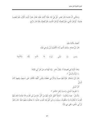 ‫ﺴ ﺮة ﻨﺒﻮﯾﺔ ﻟ ﻦ ھﺸ م‬
                                                                                                                                  ‫اﻟ ﱢﯿ َ ُ اﻟ ﱠ َ ِﱠ ُ ِﺎﺑْ ِ ِ َﺎ ٍ‬




‫ﻭ‪‬ﺣ‪ ‬ﺛﹶﻨﹺﻲ ﺃﹶ ﱠ ﻫ‪‬ﺎﺷ‪‬ﻤ‪‬ﺎ ﻗﹶﺎﻝﹶ ﻟ‪‬ﻌ‪‬ﺎﻣ‪‬ﺮﹺ: ﹸﻞﹾ ﻓ‪  ‬ﺑ‪‬ﻴ‪‬ﺘ‪‬ﺎ ﺟ‪‬ﺪ‪‬ﺍ ﹸﺛ‪‬ﺒ‪‬ﻚ‪ ‬ﻋ‪‬ﻠﹶﻴ‪‬ﻪ‪‬؛ ﻓﹶﻘﹶﺎﻝﹶ ﻋ‪‬ﺎﻣ‪  ‬ﺍﻟﹾﺒ‪‬ﻴ‪‬ﺖ‪ ‬ﺍﻟﹾﺄ ‪‬ﻝﹶ، ﻓﹶﻠﹶﻢ‪ ‬ﻌ‪‬ﺠﹺﺐ‪‬‬
      ‫ﻳ‬           ‫ﹶﻭ‬               ‫ﺮ‬                               ‫ﻴ ﺃ‬              ‫ﻗ ﻲ‬                                ‫ﺪ ﻥ‬
                                         ‫ﻫ‪‬ﺎﺷ‪‬ﻤ‪‬ﺎ: ﹸ ‪ ‬ﻗﹶﺎﻝﹶ ﺍﻟﱠﺎﻧﹺﻲ‪ ،‬ﻓﹶﻠﹶﻢ‪ ‬ﻌ‪‬ﺠﹺﺒ‪ ‬؛ ﹸ ‪ ‬ﻗﹶﺎﻝﹶ ﺍﻟﱠﺎﻟ‪‬ﺚﹶ، ﻓﹶﻠﹶﻢ‪ ‬ﻌ‪‬ﺠﹺﺒ‪ ، ‬ﻓﹶﻠﹶ ‪‬ﺎ ﻗﹶﺎﻝﹶ ﺍﻟ ‪‬ﺍﺑﹺﻊ‪:‬‬
                                               ‫ﺮ‬           ‫ﻳ ﻪ ﻤ‬                          ‫ﺜ‬         ‫ﻳ ﻪ ﺛﻢ‬                      ‫ﺜ‬         ‫ﺛﻢ‬




                                                                                                                          ‫ﺃﹶﻋ‪‬ﺠ‪‬ﺒ‪ ، ‬ﻓﹶﺄﹶﺛﹶﺎﺑ‪  ‬ﻋ‪‬ﻠﹶﻴ‪‬ﻪ‪.‬‬
                                                                                                                                    ‫ﻪ‬            ‫ﻪ‬
                                                              ‫ﻗﹶﺎﻝﹶ ﺍﺑ‪  ‬ﻫ‪‬ﺸ‪‬ﺎﻡﹴ: ﻭ‪‬ﺫﹶﻟ‪‬ﻚ‪ ‬ﺍﱠﺬ‪‬ﻱ ﺃﹶﺭ‪‬ﺍﺩ‪ ‬ﺍﻟﹾ ﹸﻤ‪‬ﻴ‪  ‬ﺑ‪  ‬ﺯ‪‬ﻳ‪‬ﺪ‪ ‬ﻓ‪‬ﻲ ﻗﹶﻮ‪‬ﻟ‪‬ﻪ‪:‬‬
                                                                                   ‫ﻜ ﺖ ﻦ‬                       ‫ﻟ‬                    ‫ﻦ‬
                                                                                                                                                           ‫:‬
         ‫ﻭ‪ ‬ﺬﹾﻧﹺﺒﹺﻴﻨ‪‬ﺎ‬
                   ‫ﻣ‬           ‫ﺇﻟﹶﻴ‪‬ﻪ‪‬‬              ‫ﺫﹶﻧ‪‬ﺐﹴ‬            ‫ﺑﹺﻠﹶﺎ‬        ‫‪‬ﹸﻮﻛﹰﺎ‬
                                                                                       ‫ﻣﻠ‬            ‫ﺍﻟﹾ ‪‬ﻔﹾﻨﹺﻲ‬
                                                                                                          ‫ﻤ‬               ‫‪ ‬ﺓﹶ‬
                                                                                                                            ‫ﻣﺮ‬                ‫ﻭ‪‬ﻫ‪‬ﺎﺷ‪‬ﻢ‪‬‬




                                            ‫ﻭ‪‬ﻫ‪‬ﺬﹶﺍ ﺍﻟﹾﺒ‪‬ﻴ‪  ‬ﻓ‪‬ﻲ ﻗﹶﺼ‪‬ﻴﺪ‪‬ﺓ‪ ‬ﻟﹶ ‪ .‬ﻭ‪‬ﻗﹶﻮ‪ ‬ﹸ ﻋ‪‬ﺎﻣ‪‬ﺮﹴ: ﻳ‪‬ﻮ‪‬ﻡ‪ ‬ﺍﻟﹾﻬ‪‬ﺒ‪‬ﺎﺁﺕ‪ ‬ﻋ‪‬ﻦ‪ ‬ﻏﹶﻴ‪‬ﺮﹺ ﺃﹶﺑﹺﻲ ‪‬ﺒ‪‬ﻴ‪‬ﺪ‪‬ﺓﹶ.‬
                                                     ‫ﻋ‬                                               ‫ﻪ ﻝ‬                          ‫ﺖ‬
                                                                                                                          ‫& ‪  ‬ﹸ ﻭ‪‬ﺍﻟﹾﺒ‪‬ﺴ‪ ‬ﹸ #‬
                                                                                                                            ‫ﻞ‬           ‫ﻣﺮﺓ‬
‫ﻗﹶﺎﻝﹶ ﺍﺑ‪  ‬ﺇﺳ‪‬ﺤ‪‬ﺎﻕ‪ :‬ﻗﹶﻮ‪  ‬ﻟﹶ ‪‬ﻢ‪ ‬ﺻ‪‬ﻴ ‪ ‬ﻭ‪‬ﺫ‪‬ﻛﹾ ‪ ‬ﻓ‪‬ﻲ ﻏﹶﻄﹶﻔﹶﺎﻥﹶ ﻭ‪‬ﻗﹶﻴ‪‬ﺲﹴ ﹸﱢﻬ‪‬ﺎ، ﻓﹶﺄﻗﹶﺎ ‪‬ﻮﺍ ﻋ‪‬ﻠﹶﻰ ﻧ‪‬ﺴ‪‬ﺒﹺﻬﹺﻢ‪ ،‬ﻭ‪‬ﻓ‪‬ﻴﻬﹺﻢ‪ ‬ﻛﹶﺎﻥﹶ‬
                                    ‫ﻛﻠ ﹶ ﻣ‬                                 ‫ﻡ ﻬ ﺖ ﺮ‬                                ‫ﻦ‬
                                                                                                                                                          ‫ﺍﻟﹾﺒ‪‬ﺴ‪ ‬ﹸ.‬
                                                                                                                                                           ‫ﻞ‬
                                                                                                                                           ‫ﺃﹶﻣ‪  ‬ﺍﻟﹾﺒ‪‬ﺴ‪‬ﻞﹺ‬
                                                                                                                                                     ‫ﺮ‬
                                                                                     ‫& ﺗ‪‬ﻌ‪‬ﺮﹺﻳ ‪ ‬ﺍﻟﹾﺒ‪‬ﺴ‪‬ﻞﹺ، ﻭ‪‬ﻧ‪‬ﺴ‪  ‬ﻫ‪‬ﻴ‪‬ﺮﹴ ﺍﻟ ‪‬ﺎﻋ‪‬ﺮﹺ #‬
                                                                                            ‫ﺐﺯ ﺸ‬                             ‫ﻒ‬
‫ﻭ‪‬ﺍﻟﹾﺒ‪‬ﺴ‪ ‬ﹸ - ﻓ‪‬ﻴﻤ‪‬ﺎ ﻳ‪‬ﺰ‪  ‬ﻮﻥﹶ - ﺛﹶﻤ‪‬ﺎﻧﹺﻴ‪ ‬ﹸ ﺃﹶﺷ‪ ‬ﺮﹴ ‪ ‬ﻡﹴ، ﻟﹶ ‪‬ﻢ‪ ‬ﻣ‪‬ﻦ‪ ‬ﹸ ﱢ ﺳ‪‬ﻨ‪‬ﺔ‪ ‬ﻣ‪‬ﻦ‪ ‬ﺑ‪‬ﻴ‪‬ﻦﹺ ﺍﻟﹾﻌ‪‬ﺮ‪‬ﺏﹺ ﻗﹶﺪ‪ ‬ﻋ‪‬ﺮ‪‬ﻓﹶﺖ‪ ‬ﺫﹶﻟ‪‬ﻚ‪ ‬ﻟﹶ ‪‬ﻢ‪‬‬
  ‫ﻬ‬                                                      ‫ﻛﻞ‬         ‫ﺔ ﻬ ﺣﺮ ﻬ‬                              ‫ﻋﻤ‬                ‫ﻞ‬
‫ﺯ ﺮ‬
‫ﺍﻟﹾﻌ‪‬ﺮ‪  ‬ﻟﹶﺎ ‪‬ﻨ‪‬ﻜ‪ ‬ﻭﻧ‪  ‬ﻭ‪‬ﻟﹶﺎ ﻳ‪‬ﺪ‪‬ﻓﹶ ‪‬ﻮﻧ‪ ، ‬ﻳ‪‬ﺴِ ‪‬ﻭﻥﹶ ﺑﹺﻪ‪ ‬ﺇﻟﹶﻰ ﺃﹶ ‪ ‬ﺑﹺﻠﹶﺎﺩ‪ ‬ﺍﻟﹾﻌ‪‬ﺮ‪‬ﺏﹺ ﺷ‪‬ﺎ ُﻭﺍ، ﻟﹶﺎ ﻳ‪‬ﺨ‪‬ﺎﹸﻮﻥﹶ ﻣ‪‬ﻨ‪ ‬ﻢ‪ ‬ﺷ‪‬ﻴ‪‬ﺌﹰﺎ. ﻗﹶﺎﻝﹶ ‪‬ﻫ‪‬ﻴ‪ ‬‬
                         ‫ﻬ‬         ‫ﻓ‬             ‫ﺀ‬                       ‫ﻱ‬                 ‫ﻌ ﻪ ﲑ‬                       ‫ﺏ ﻳ ﺮ ﻪ‬
                                                                                                                  ‫ﺑ‪  ‬ﺃﹶﺑﹺﻲ ‪‬ﻠﹾﻤ‪‬ﻰ، ﻳ‪‬ﻌ‪‬ﻨﹺﻲ ﺑ‪‬ﻨﹺﻲ ‪ ‬ﺓﹶ:‬
                                                                                                                     ‫ﻣﺮ‬                      ‫ﻦ ﺳ‬



                                                                              ‫78‬
 