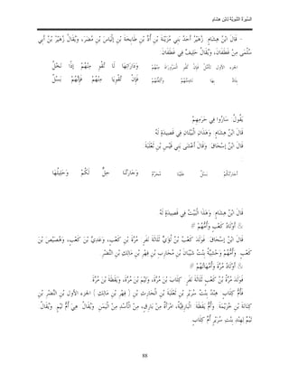 ‫ﺴ ﺮة ﻨﺒﻮﯾﺔ ﻟ ﻦ ھﺸ م‬
                                                                                                                                             ‫اﻟ ﱢﯿ َ ُ اﻟ ﱠ َ ِﱠ ُ ِﺎﺑْ ِ ِ َﺎ ٍ‬


‫- ﻗﹶﺎﻝﹶ ﺍﺑ‪  ‬ﻫ‪‬ﺸ‪‬ﺎﻡﹴ: ‪‬ﻫ‪‬ﻴ‪  ‬ﺃﹶﺣ‪  ‬ﺑ‪‬ﻨﹺﻲ ‪‬ﺰ‪‬ﻳ‪‬ﻨ‪‬ﺔﹶ ﺑ‪‬ﻦﹺ ﹸ ‪ ‬ﺑ‪‬ﻦﹺ ﻃﹶﺎﺑﹺﺨ‪‬ﺔﹶ ﺑ‪‬ﻦﹺ ﺇﻟﹾﻴ‪‬ﺎﺱ‪ ‬ﺑ‪‬ﻦﹺ ‪‬ﻀ‪‬ﺮ‪ ،‬ﻭ‪‬ﻘﹶﺎ ﹸ ‪‬ﻫ‪‬ﻴ‪  ‬ﺑ‪  ‬ﺃﹶﺑﹺﻲ‬
      ‫ﻳ ﻝﺯ ﺮ ﻦ‬                   ‫ﻣ‬                                   ‫ﺃﺩ‬               ‫ﺯ ﺮ ﺪ ﻣ‬                         ‫ﻦ‬
                                                                                                   ‫‪‬ﻠﹾﻤ‪‬ﻰ ﻣ‪‬ﻦ‪ ‬ﻏﹶﻄﹶﻔﹶﺎﻥﹶ، ﻭ‪‬ﻘﹶﺎ ﹸ ﺣ‪‬ﻠ‪‬ﻴ ‪ ‬ﻓ‪‬ﻲ ﻏﹶﻄﹶﻔﹶﺎﻥﹶ:‬
                                                                                                                  ‫ﻳ ﻝ ﻒ‬                                 ‫ﺳ‬
         ‫ﻞ‬
         ‫ﻭ‪‬ﺩ‪‬ﺍﺭ‪‬ﺍﺗ‪‬ﻬ‪‬ﺎ ﻟﹶﺎ ‪‬ﻘﹾﻮﹺ ﻣ‪‬ﻨ‪ ‬ﻢ‪ ‬ﺇﺫﹰﺍ ﻧ‪‬ﺨ‪ ‬ﹸ‬
                       ‫ﻬ‬          ‫ﺗ‬                                                        ‫ﺍﳉﺰﺀ ﺍﻷﻭﻝ ﺗ‪‬ﺄﹶ ‪‬ﻞﹾ ﻓﹶﺈﹺﻥﹾ ‪‬ﻘﹾﻮﹺ ﺍﻟﹾﻤ‪ ‬ﻭﺭ‪‬ﺍﺓﹶ ﻣ‪‬ﻨ‪ ‬ﻢ‪‬‬
                                                                                             ‫ﻬ‬            ‫ﺮ‬           ‫ﺗ‬          ‫ﻣ‬

         ‫ﻞ‬
         ‫ﺑ‪‬ﺴ‪ ‬ﹸ‬        ‫ﻓﹶﺈﹺ‪ ‬ﻢ‪‬‬
                         ‫ﻧﻬ‬              ‫ﻣ‪‬ﻨ‪ ‬ﻢ‪‬‬
                                           ‫ﻬ‬               ‫‪‬ﻘﹾﻮﹺﻳ‪‬ﺎ‬
                                                                  ‫ﺗ‬         ‫ﻓﹶﺈﹺﻥﹾ‬         ‫ﻭ‪‬ﺃﹶﻟ‪‬ﻔﹾ‪ ‬ﻢ‪‬‬
                                                                                             ‫ﺘﻬ‬                   ‫ﻧ‪‬ﺎﺩ‪‬ﻣ‪ ‬ﻢ‪‬‬
                                                                                                                    ‫ﺘﻬ‬                     ‫ﺑﹺﻬ‪‬ﺎ‬              ‫ﺩ‬
                                                                                                                                                              ‫ﺑﹺﻠﹶﺎ ‪‬‬




                                                                                                                           ‫ﻳ‪ ‬ﹸﻮ ﹸ: ﺳ‪‬ﺎ ‪‬ﻭﺍ ﻓ‪‬ﻲ ﺣ‪‬ﺮ‪‬ﻣ‪‬ﻬﹺﻢ‪.‬‬
                                                                                                                                             ‫ﻘﻝ ﺭ‬
                                                                                            ‫ﻗﹶﺎﻝﹶ ﺍﺑ‪  ‬ﻫ‪‬ﺸ‪‬ﺎﻡﹴ: ﻭ‪‬ﻫ‪‬ﺬﹶﺍﻥ‪ ‬ﺍﻟﹾﺒ‪‬ﻴ‪‬ﺘ‪‬ﺎﻥ‪ ‬ﻓ‪‬ﻲ ﻗﹶﺼ‪‬ﻴﺪ‪‬ﺓ‪ ‬ﻟﹶ ‪.‬‬
                                                                                             ‫ﻪ‬                                                  ‫ﻦ‬
                                                                                     ‫ﻗﹶﺎﻝﹶ ﺍﺑ‪  ‬ﺇﺳ‪‬ﺤ‪‬ﺎﻕ‪ :‬ﻭ‪‬ﻗﹶﺎﻝﹶ ﺃﹶﻋ‪‬ﺸ‪‬ﻰ ﺑ‪‬ﻨﹺﻲ ﻗﹶﻴ‪‬ﺲﹺ ﺑ‪‬ﻦﹺ ﺛﹶﻌ‪‬ﻠﹶﺒ‪‬ﺔﹶ:‬
                                                                                                                                             ‫ﻦ‬
                                                                                                                                                                        ‫:‬
         ‫ﻭ‪‬ﺣ‪‬ﻠ‪‬ﻴﹸﻬ‪‬ﺎ‬
            ‫ﻠ‬                  ‫ﻟﹶ ﹸﻢ‪‬‬
                                 ‫ﻜ‬                  ‫ﻞ‬
                                                    ‫ﺣ‪ ‬ﱞ‬              ‫ﻭ‪‬ﺟ‪‬ﺎﺭ‪‬ﻨ‪‬ﺎ‬
                                                                         ‫ﺗ‬                 ‫ﻣ ﺮﻡ‬
                                                                                           ‫‪‬ﺤ‪  ‬‬           ‫ﻋ‪‬ﻠﹶﻴ‪‬ﻨ‪‬ﺎ‬            ‫ﻞ‬
                                                                                                                                  ‫ﺑ‪‬ﺴ‪ ‬ﹲ‬               ‫ﺃﹶﺟ‪‬ﺎﺭ‪ ‬ﹸﻢ‪‬‬
                                                                                                                                                         ‫ﺗﻜ‬




                                                                                                ‫ﻗﹶﺎﻝﹶ ﺍﺑ‪  ‬ﻫ‪‬ﺸ‪‬ﺎﻡﹴ: ﻭ‪‬ﻫ‪‬ﺬﹶﺍ ﺍﻟﹾﺒ‪‬ﻴ‪  ‬ﻓ‪‬ﻲ ﻗﹶﺼ‪‬ﻴﺪ‪‬ﺓ‪ ‬ﻟﹶ ‪.‬‬
                                                                                                 ‫ﻪ‬                  ‫ﺖ‬                          ‫ﻦ‬
                                                                                                                           ‫& ﺃﹶﻭ‪‬ﻟﹶﺎ ‪ ‬ﻛﹶﻌ‪‬ﺐﹴ ﻭ‪‬ﹸ ‪ ‬ﻢ‪# ‬‬
                                                                                                                               ‫ﺃﻣ ﻬ‬           ‫ﺩ‬
‫ﻗﹶﺎﻝﹶ ﺍﺑ‪  ‬ﺇﺳ‪‬ﺤ‪‬ﺎﻕ‪ :‬ﻓﹶﻮ‪‬ﻟﹶﺪ‪ ‬ﻛﹶﻌ‪  ‬ﺑ‪  ‬ﹸﺆ‪  ‬ﺛﹶﻠﹶﺎﺛﹶﺔﹶ ﻧ‪‬ﻔﹶﺮﹴ: ‪ ‬ﺓﹶ ﺑ‪‬ﻦﹺ ﻛﹶﻌ‪‬ﺐﹴ، ﻭ‪‬ﻋ‪‬ﺪ‪  ‬ﺑ‪‬ﻦ‪ ‬ﻛﹶﻌ‪‬ﺐﹴ، ﻭ‪ ‬ﺼ‪‬ﻴ‪‬ﺺ‪ ‬ﺑ‪‬ﻦ‪‬‬
           ‫ﻫ‬                 ‫ﻱ‬                       ‫ﻣﺮ‬                    ‫ﺐ ﻦﻟﻱ‬                                ‫ﻦ‬
                                               ‫ﻛﹶﻌ‪‬ﺐﹴ. ﻭ‪‬ﹸ ‪ ‬ﻢ‪ ‬ﻭ‪‬ﺣ‪‬ﺸ‪ ‬ﹸ ﺑﹺﻨ‪  ‬ﺷ‪‬ﻴ‪‬ﺒ‪‬ﺎﻥﹶ ﺑ‪‬ﻦﹺ ‪‬ﺤ‪‬ﺎﺭﹺﺏﹺ ﺑ‪‬ﻦﹺ ﻓ‪‬ﻬ‪‬ﺮﹺ ﺑ‪‬ﻦﹺ ﻣ‪‬ﺎﻟ‪‬ﻚ‪ ‬ﺑ‪‬ﻦﹺ ﺍﻟ‪‬ﻀ‪‬ﺮﹺ.‬
                                                    ‫ﻨ‬                                        ‫ﻣ‬                ‫ﻴﺔ ﺖ‬               ‫ﺃﻣﻬ‬
                                                                                                                          ‫& ﺃﹶﻭ‪‬ﻟﹶﺎ ‪  ‬ﺓﹶ ﻭ‪‬ﹸ ‪‬ﻬ‪‬ﺎ‪ ‬ﻢ‪# ‬‬
                                                                                                                              ‫ﺩ ﻣ ﺮ ﺃﻣ ﺗ ﻬ‬
                                        ‫ﻓﹶﻮ‪‬ﻟﹶﺪ‪   ‬ﹸ ﺑ‪  ‬ﻛﹶﻌ‪‬ﺐﹴ ﺛﹶﻠﹶﺎﺛﹶﺔﹶ ﻧ‪‬ﻔﹶﺮﹴ: ﻛ‪‬ﻠﹶﺎﺏ‪ ‬ﺑ‪‬ﻦ‪  ‬ﺓﹶ، ﻭ‪‬ﺗ‪‬ﻴ‪‬ﻢ‪ ‬ﺑ‪‬ﻦ‪  ‬ﺓﹶ، ﻭ‪‬ﻳ‪‬ﻘﹶﻈﹶﺔﹶ ﺑ‪‬ﻦ‪  ‬ﺓﹶ.‬
                                           ‫ﻣﺮ‬                     ‫ﻣﺮ‬                   ‫ﻣﺮ‬                                        ‫ﻣﺮﺓ ﻦ‬
‫ﻓﹶﹸ ‪ ‬ﻛ‪‬ﻠﹶﺎﺏﹴ: ﻫ‪‬ﻨ‪  ‬ﺑﹺﻨ‪  ‬ﺮ‪‬ﻳ‪‬ﺮﹺ ﺑ‪‬ﻦﹺ ﺛﹶﻌ‪‬ﻠﹶﺒ‪‬ﺔﹶ ﺑ‪‬ﻦﹺ ﺍﻟﹾﺤ‪‬ﺎﺭﹺﺙ‪ ‬ﺑ‪‬ﻦﹺ ) ﻓ‪‬ﻬ‪‬ﺮﹺ ﺑ‪‬ﻦﹺ ﻣ‪‬ﺎﻟ‪‬ﻚ‪ ( ‬ﺍﳉﺰﺀ ﺍﻷﻭﻝ ﺑ‪‬ﻦﹺ ﺍﻟ‪‬ﻀ‪‬ﺮﹺ ﺑ‪‬ﻦﹺ‬
         ‫ﻨ‬                                                                                     ‫ﺪ ﺖﺳ‬                     ‫ﺄﻡ‬
‫ﻛ‪‬ﻨ‪‬ﺎﻧ‪‬ﺔﹶ ﺑ‪‬ﻦﹺ ‪‬ﺰ‪‬ﻳ‪‬ﻤ‪‬ﺔﹶ. ﻭ‪‬ﹸ ‪ ‬ﻳ‪‬ﻘﹶﻈﹶﺔﹶ: ﺍﻟﹾﺒ‪‬ﺎﺭﹺﻗ‪ ‬ﹸ، ﺍﻣ‪‬ﺮ‪‬ﺃﹶ ﹲ ﻣ‪‬ﻦ‪ ‬ﺑ‪‬ﺎﺭﹺﻕﹴ، ﻣ‪‬ﻦ‪ ‬ﺍﻟﹾﺄﹶﺳ‪‬ﺪ‪ ‬ﻣ‪‬ﻦ‪ ‬ﺍﻟﹾﻴ‪‬ﻤ‪‬ﻦﹺ. ﻭ‪‬ﻘﹶﺎ ﹸ: ﻫ‪‬ﻲ‪ ‬ﹸ ‪ ‬ﺗ‪‬ﻴ‪‬ﻢﹴ. ﻭ‪‬ﻘﹶﺎ ﹸ:‬
 ‫ﻳ ﻝ‬              ‫ﺃﻡ‬        ‫ﻳ ﻝ‬                                                   ‫ﻴﺔ ﺓ‬                               ‫ﺃﻡ‬             ‫ﺧ‬
                                                                                                                           ‫ﺗ‪‬ﻴ‪  ‬ﻟ‪‬ﻬﹺﻨ‪‬ﺪ‪ ‬ﺑﹺﻨ‪‬ﺖ‪ ‬ﺮ‪‬ﻳ‪‬ﺮﹴ ﹸ ‪ ‬ﻛ‪‬ﻠﹶﺎﺏﹴ.‬
                                                                                                                                    ‫ﺳ ﺃﻡ‬                        ‫ﻢ‬



                                                                                     ‫88‬
 