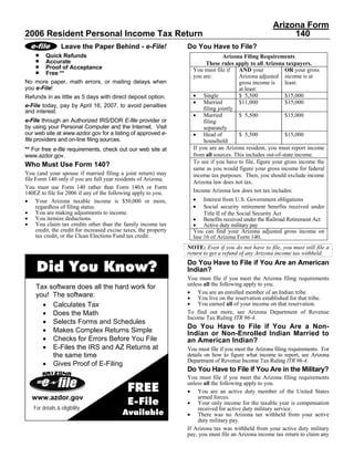 Arizona Form
2006 Resident Personal Income Tax Return                                                                     140
                 Leave the Paper Behind - e-File!                  Do You Have to File?
    •   Quick Refunds                                                              Arizona Filing Requirements
    •   Accurate
    •                                                                      These rules apply to all Arizona taxpayers.
        Proof of Acceptance
    •                                                                You must file if    AND your            OR your gross
        Free **
                                                                     you are:            Arizona adjusted income is at
No more paper, math errors, or mailing delays when                                       gross income is     least:
you e-File!                                                                              at least:
                                                                     • Single            $ 5,500             $15,000
Refunds in as little as 5 days with direct deposit option.
                                                                     • Married           $11,000             $15,000
e-File today, pay by April 16, 2007, to avoid penalties
                                                                          filing jointly
and interest.
                                                                     • Married           $ 5,500             $15,000
e-File through an Authorized IRS/DOR E-file provider or                   filing
by using your Personal Computer and the Internet. Visit                   separately
                                                                     • Head of
our web site at www.azdor.gov for a listing of approved e-                               $ 5,500             $15,000
file providers and on-line filing sources.                                household
                                                                     If you are an Arizona resident, you must report income
** For free e-file requirements, check out our web site at
                                                                     from all sources. This includes out-of-state income.
www.azdor.gov.
                                                                     To see if you have to file, figure your gross income the
Who Must Use Form 140?
                                                                     same as you would figure your gross income for federal
You (and your spouse if married filing a joint return) may           income tax purposes. Then, you should exclude income
file Form 140 only if you are full year residents of Arizona.
                                                                     Arizona law does not tax.
You must use Form 140 rather than Form 140A or Form
                                                                     Income Arizona law does not tax includes:
140EZ to file for 2006 if any of the following apply to you.
                                                                     •
• Your Arizona taxable income is $50,000 or more,                         Interest from U.S. Government obligations
                                                                     •    Social security retirement benefits received under
     regardless of filing status.
• You are making adjustments to income.                                   Title II of the Social Security Act
• You itemize deductions.                                            • Benefits received under the Railroad Retirement Act
• You claim tax credits other than the family income tax             • Active duty military pay
     credit, the credit for increased excise taxes, the property     You can find your Arizona adjusted gross income on
     tax credit, or the Clean Elections Fund tax credit.             line 16 of Arizona Form 140.
                                                                   NOTE: Even if you do not have to file, you must still file a
                                                                   return to get a refund of any Arizona income tax withheld.

     Did You Know?                                                 Do You Have to File if You Are an American
                                                                   Indian?
                                                                   You must file if you meet the Arizona filing requirements
                                                                   unless all the following apply to you.
    Tax software does all the hard work for
                                                                   • You are an enrolled member of an Indian tribe.
    you! The software:                                             • You live on the reservation established for that tribe.
                                                                   • You earned all of your income on that reservation.
      • Calculates Tax
      • Does the Math                                              To find out more, see Arizona Department of Revenue
                                                                   Income Tax Ruling ITR 96-4.
      • Selects Forms and Schedules
                                                                   Do You Have to File if You Are a Non-
      • Makes Complex Returns Simple                               Indian or Non-Enrolled Indian Married to
      • Checks for Errors Before You File                          an American Indian?
      • E-Files the IRS and AZ Returns at                          You must file if you meet the Arizona filing requirements. For
         the same time                                             details on how to figure what income to report, see Arizona
                                                                   Department of Revenue Income Tax Ruling ITR 96-4.
      • Gives Proof of E-Filing
                                                                   Do You Have to File if You Are in the Military?
                                                                   You must file if you meet the Arizona filing requirements

                                              FREE
                                                                   unless all the following apply to you.
                                                                   • You are an active duty member of the United States
                                              E-File
   www.azdor.gov                                                       armed forces.
                                                                   • Your only income for the taxable year is compensation
   For details & eligibility                                           received for active duty military service.
                                            Available              • There was no Arizona tax withheld from your active
                                                                       duty military pay.
                                                                   If Arizona tax was withheld from your active duty military
                                                                   pay, you must file an Arizona income tax return to claim any
 